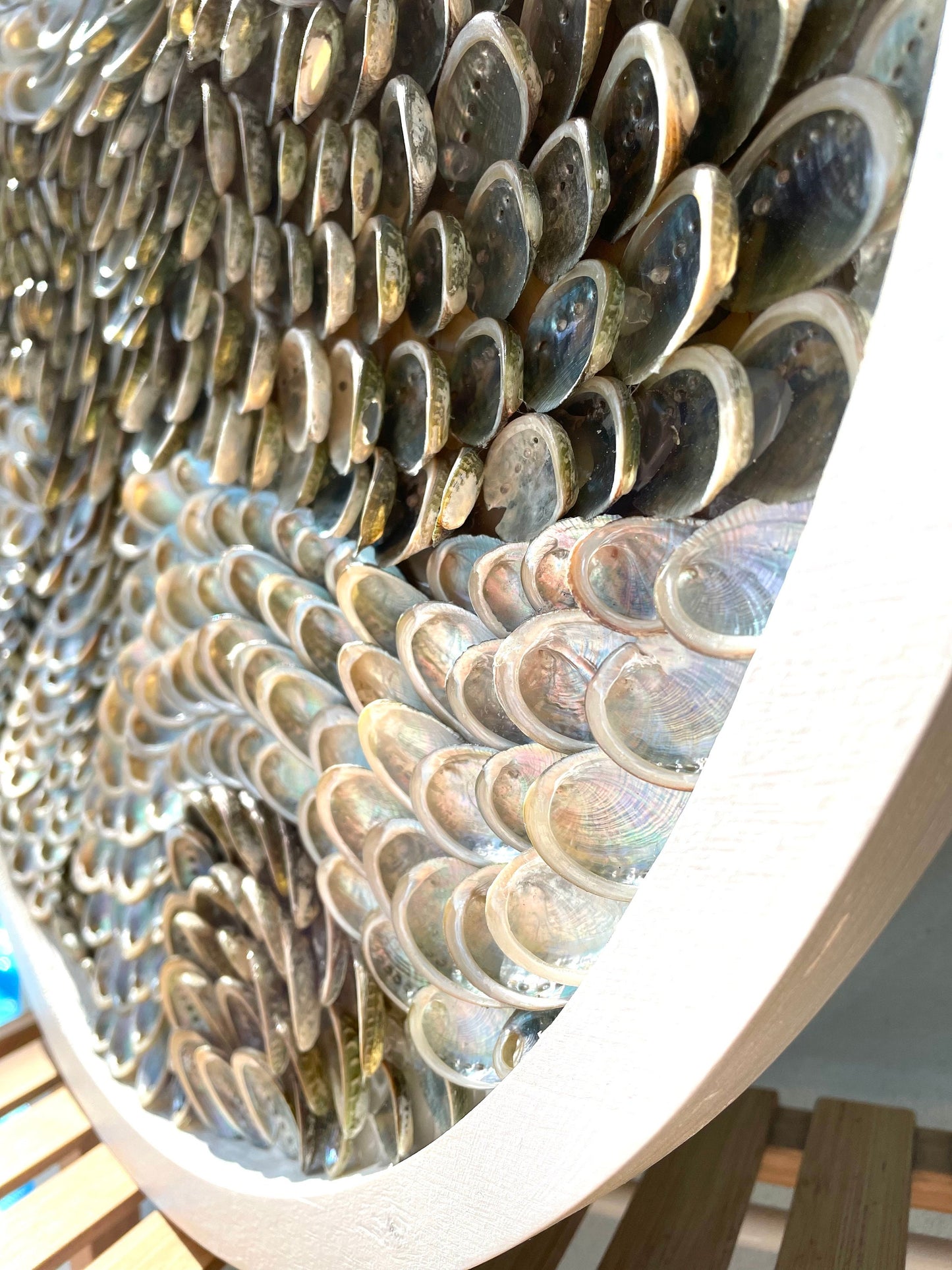 Handmade Modern Coastal Shell Wall Art Natural Textured Abalone Seashells 24" Round Beach House Décor White Silver