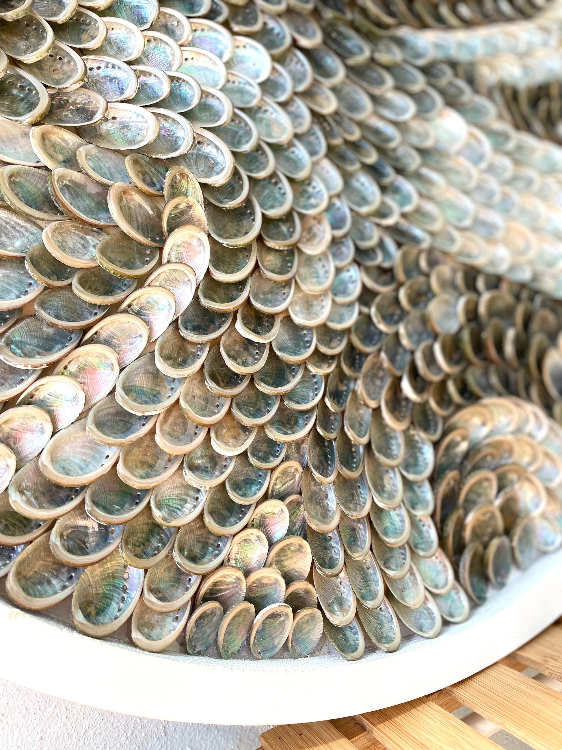 Handmade Abalone Shell Wall Art: Silver Glow, Coastal Decor (24 inch)