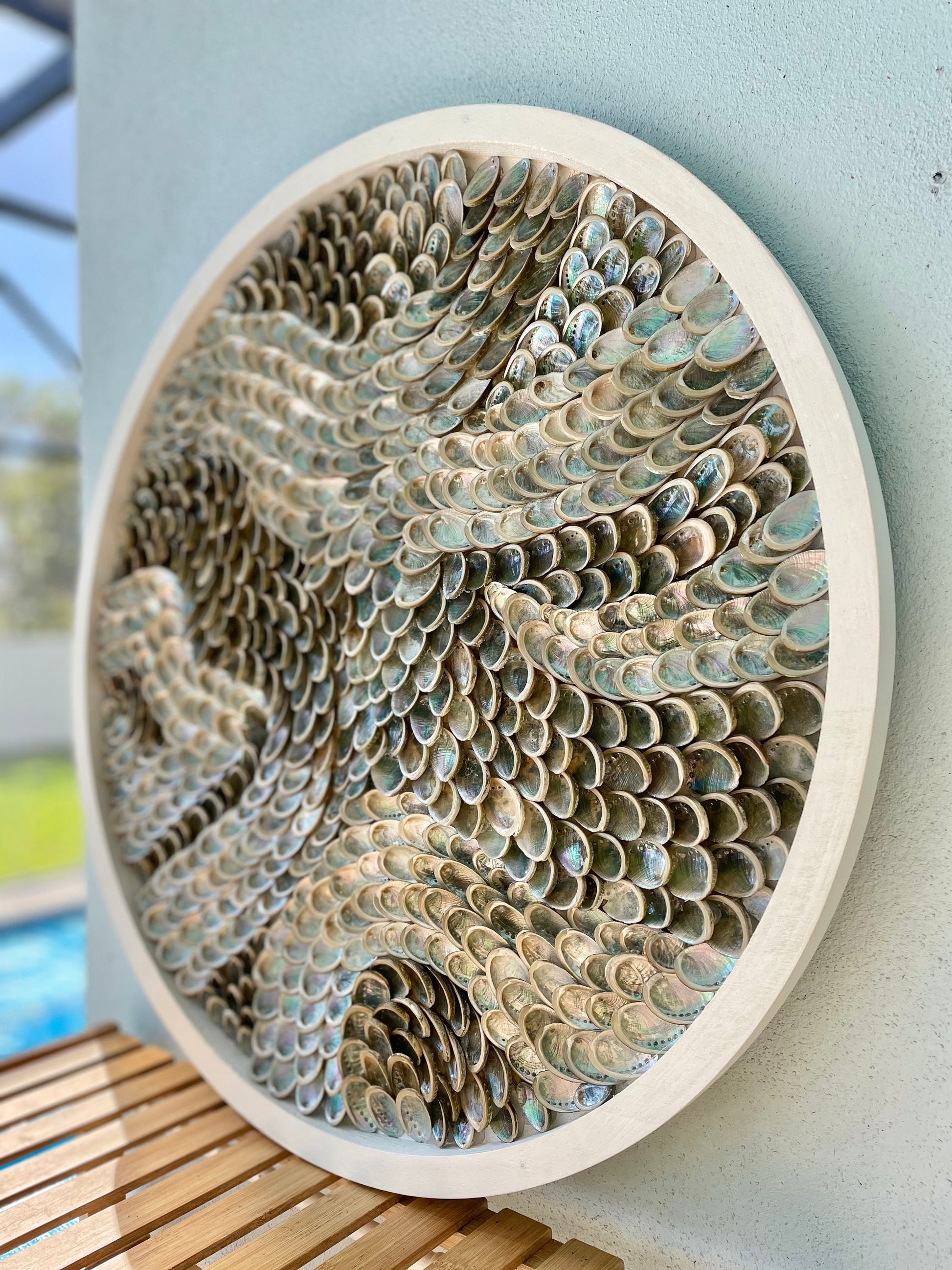 Handmade Modern Coastal Shell Wall Art Natural Textured Abalone Seashells 24" Round Beach House Décor White Silver