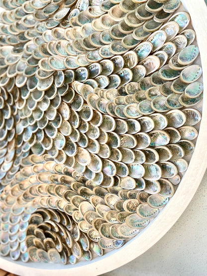 Handmade Modern Coastal Shell Wall Art Natural Textured Abalone Seashells 24" Round Beach House Décor White Silver