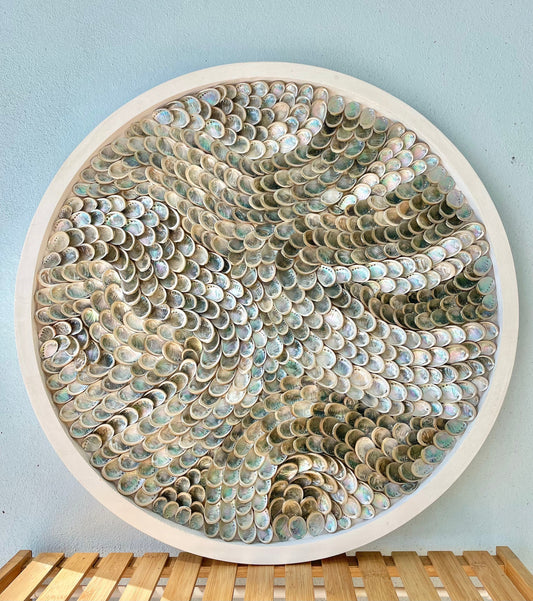Handmade Abalone Shell Wall Art: Silver Glow, Coastal Decor (24 inch)
