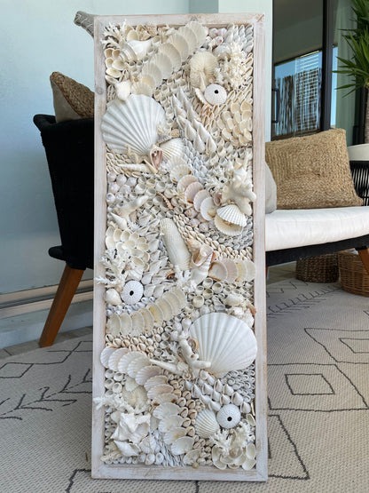 Organic Seashell Wall Art: Natural White Shells, Coral, Urchins 36”x12"