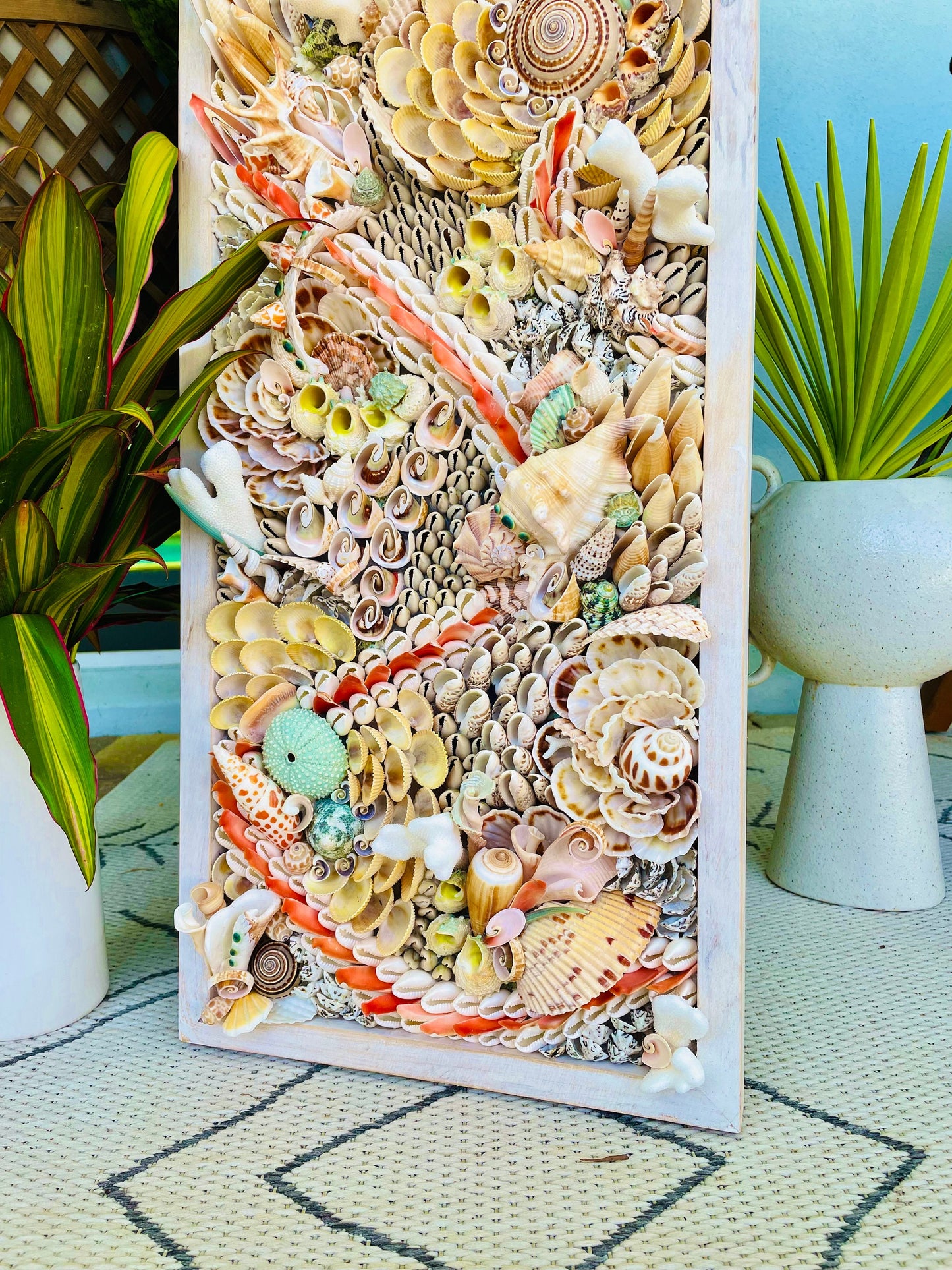 Handmade Abstract Sea Shell Coastal Wall Art 36x12" Natural Textured Seashells Urchins Coral Beach House Décor Lime Green, Orange & White