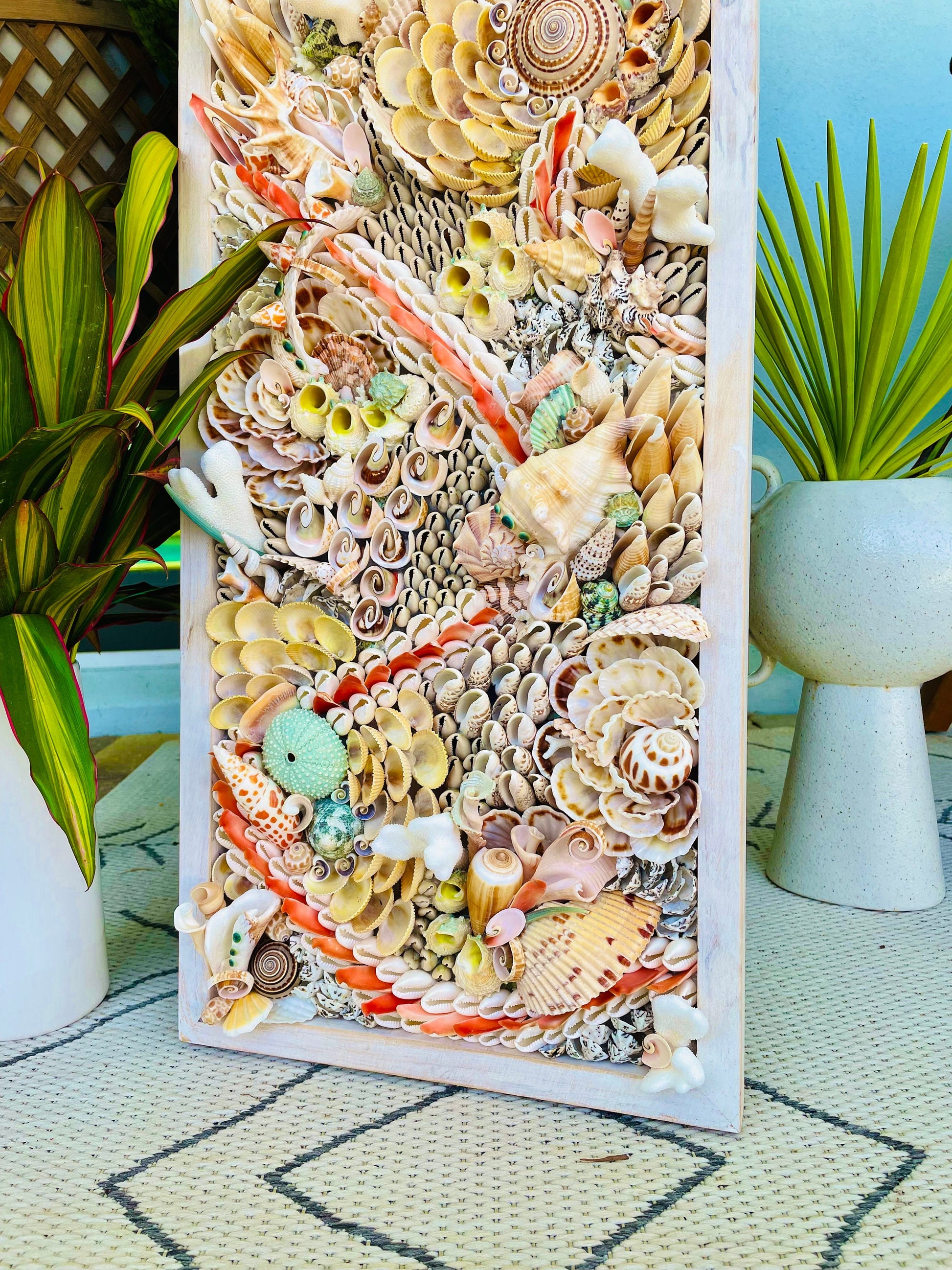Handmade Abstract Sea Shell Coastal Wall Art 36x12" Natural Textured Seashells Urchins Coral Beach House Décor Lime Green, Orange & White