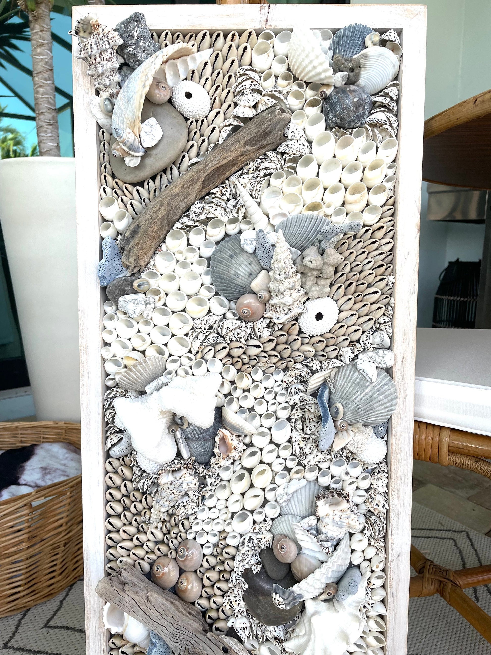 Handmade Coastal Wall Art 36x12" Natural Driftwood Seashells Sea Urchins Coral Beach Lake House Décor Blue Grey White Sanibel Florida