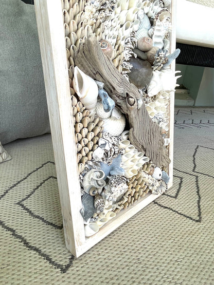 Handmade Coastal Wall Art 36x12" Natural Driftwood Seashells Sea Urchins Coral Beach Lake House Décor Blue Grey White Sanibel Florida