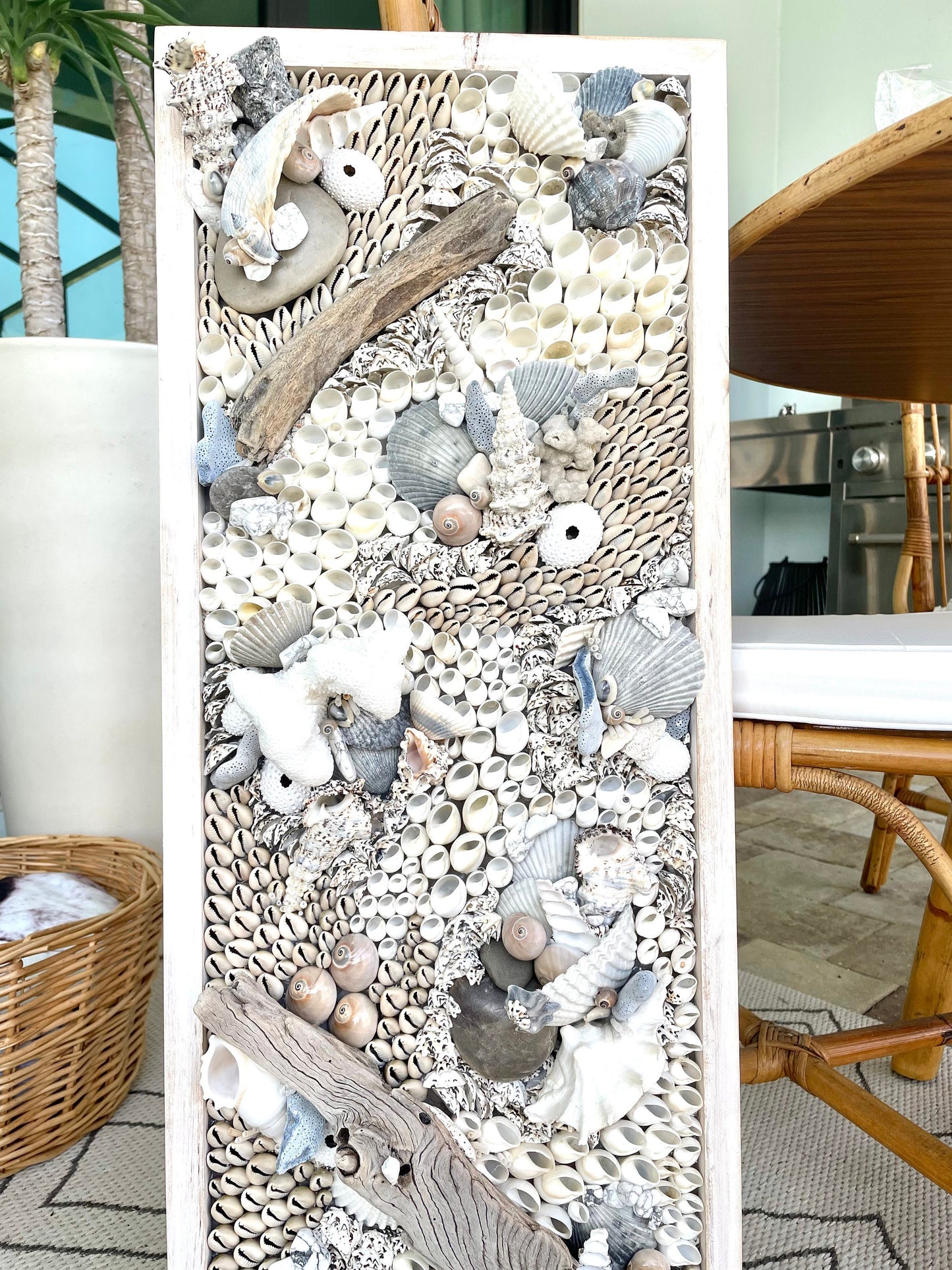 Handmade Coastal Wall Art 36x12" Natural Driftwood Seashells Sea Urchins Coral Beach Lake House Décor Blue Grey White Sanibel Florida