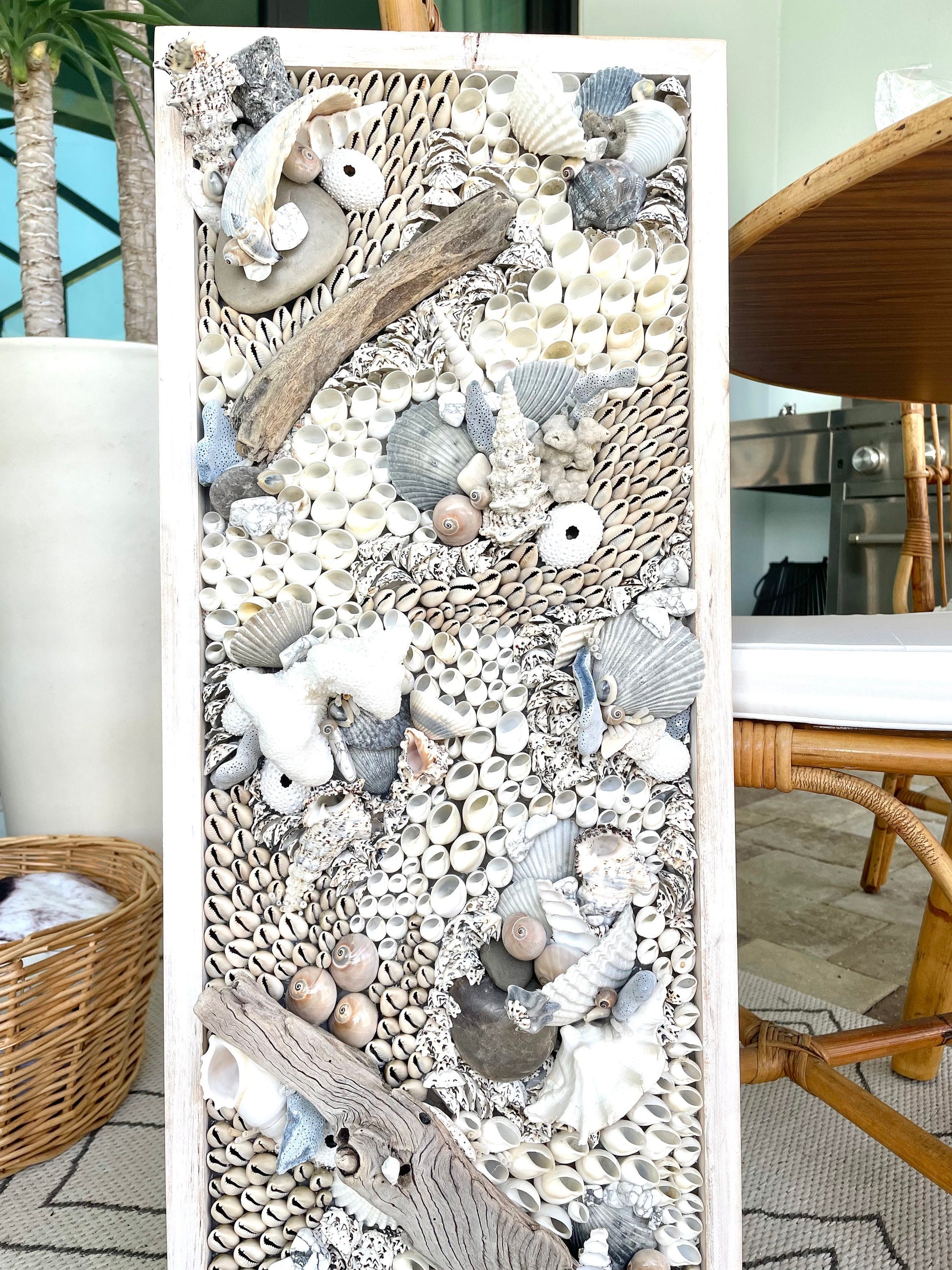 Handmade Coastal Wall Art 36x12" Natural Driftwood Seashells Sea Urchins Coral Beach Lake House Décor Blue Grey White Sanibel Florida