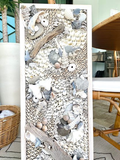 Handmade Coastal Wall Art 36x12" Natural Driftwood Seashells Sea Urchins Coral Beach Lake House Décor Blue Grey White Sanibel Florida