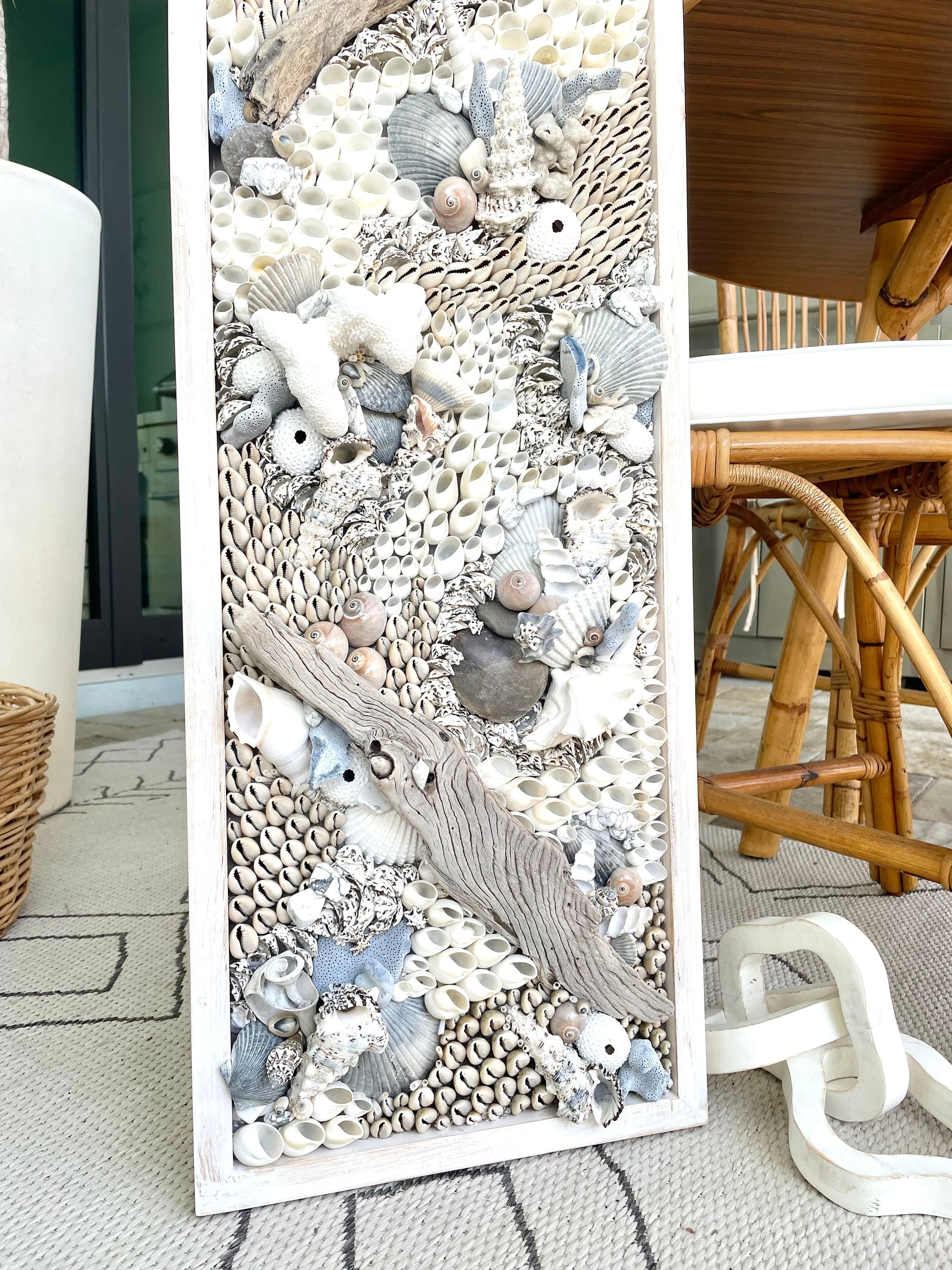 Shell Wall Art 36x12" Natural Driftwood Seashells Sea Urchins Coral Blue White
