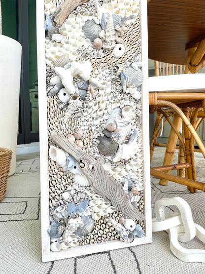 Shell Wall Art 36x12" Natural Driftwood Seashells Sea Urchins Coral Blue White