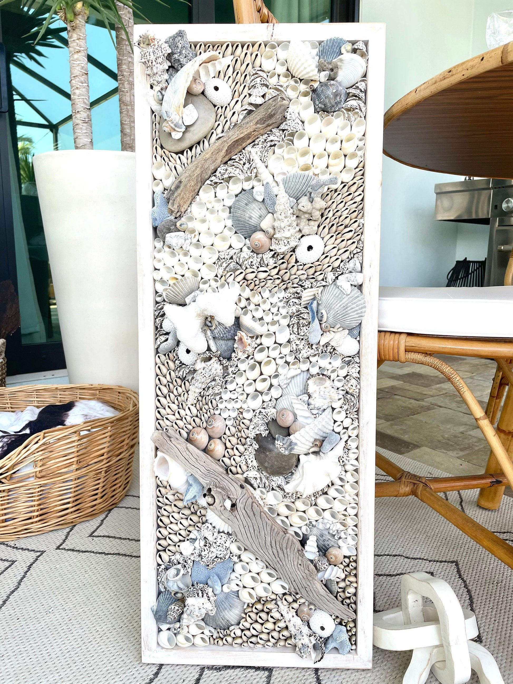 Handmade Coastal Wall Art 36x12" Natural Driftwood Seashells Sea Urchins Coral Beach Lake House Décor Blue Grey White Sanibel Florida