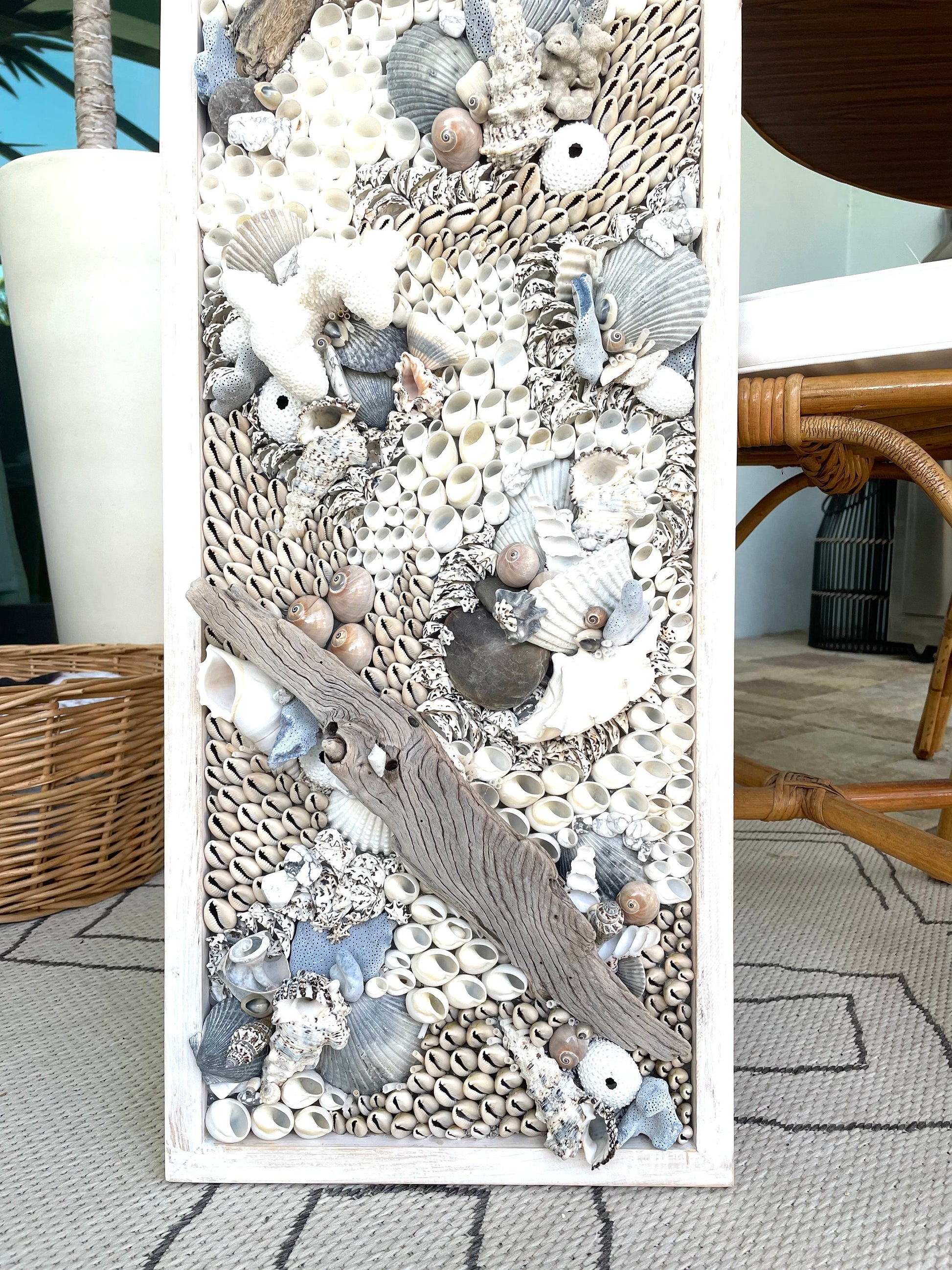 Handmade Coastal Wall Art 36x12" Natural Driftwood Seashells Sea Urchins Coral Beach Lake House Décor Blue Grey White Sanibel Florida