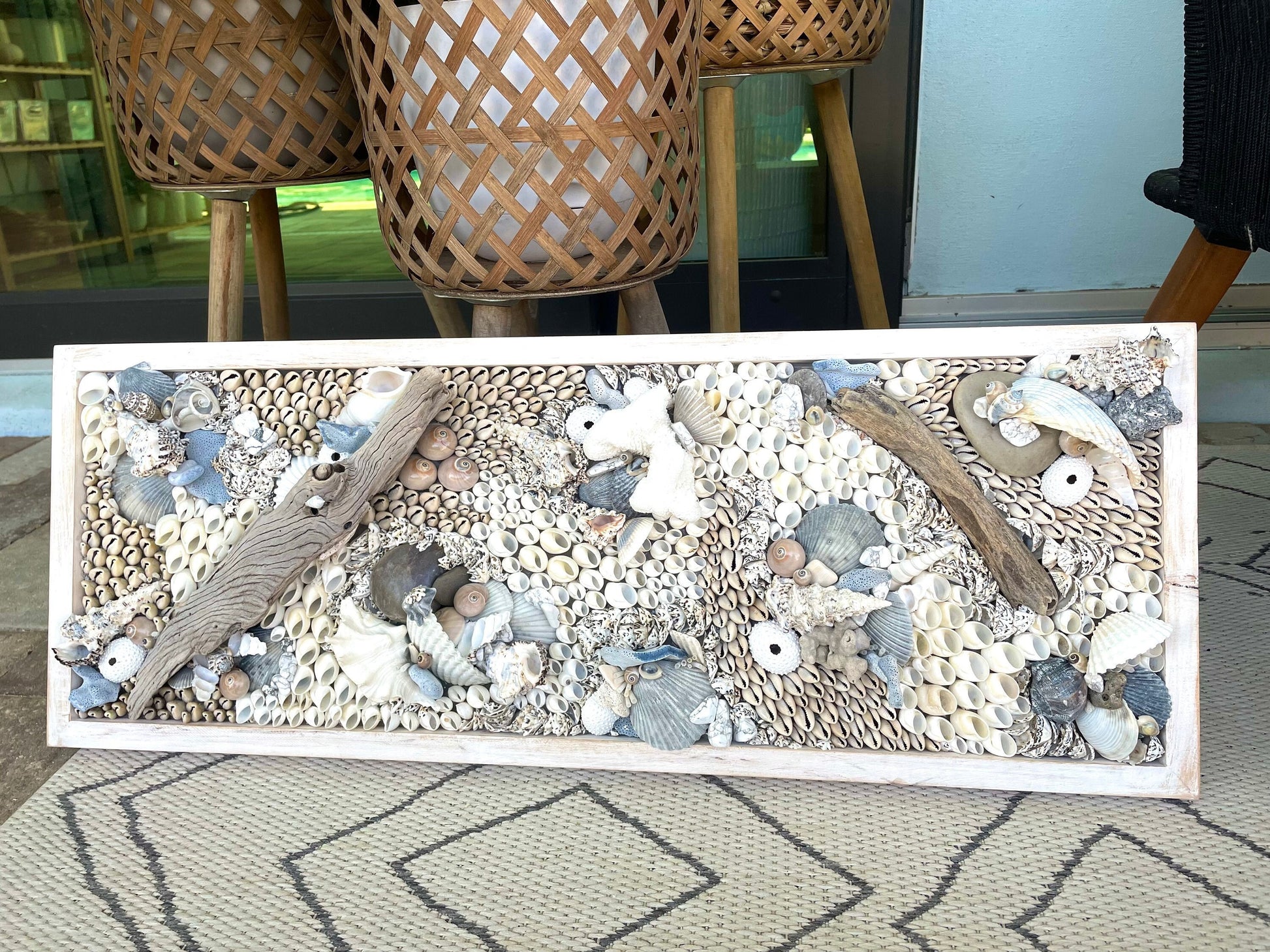 Handmade Coastal Wall Art 36x12" Natural Driftwood Seashells Sea Urchins Coral Beach Lake House Décor Blue Grey White Sanibel Florida