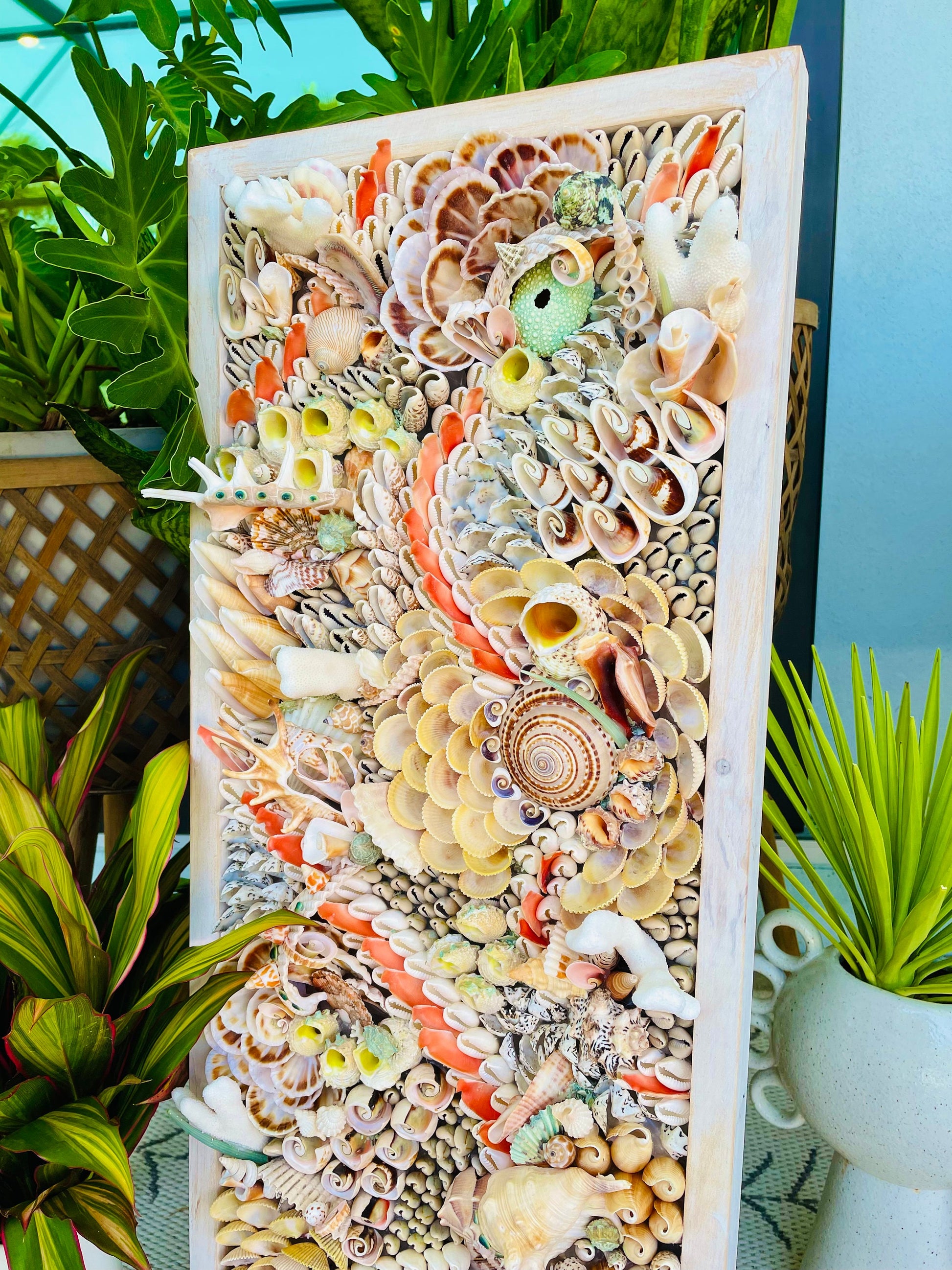 Handmade Abstract Sea Shell Coastal Wall Art 36x12" Natural Textured Seashells Urchins Coral Beach House Décor Lime Green, Orange & White