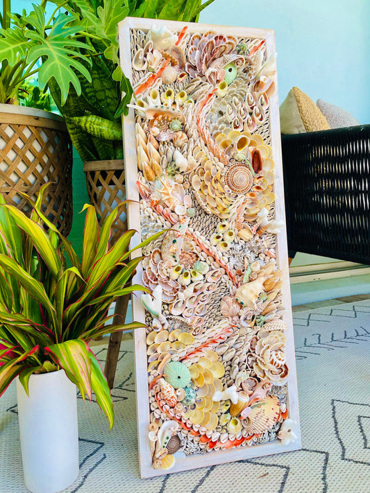 Handmade Abstract Sea Shell Coastal Wall Art 36x12" Natural Textured Seashells Urchins Coral Beach House Décor Lime Green, Orange & White