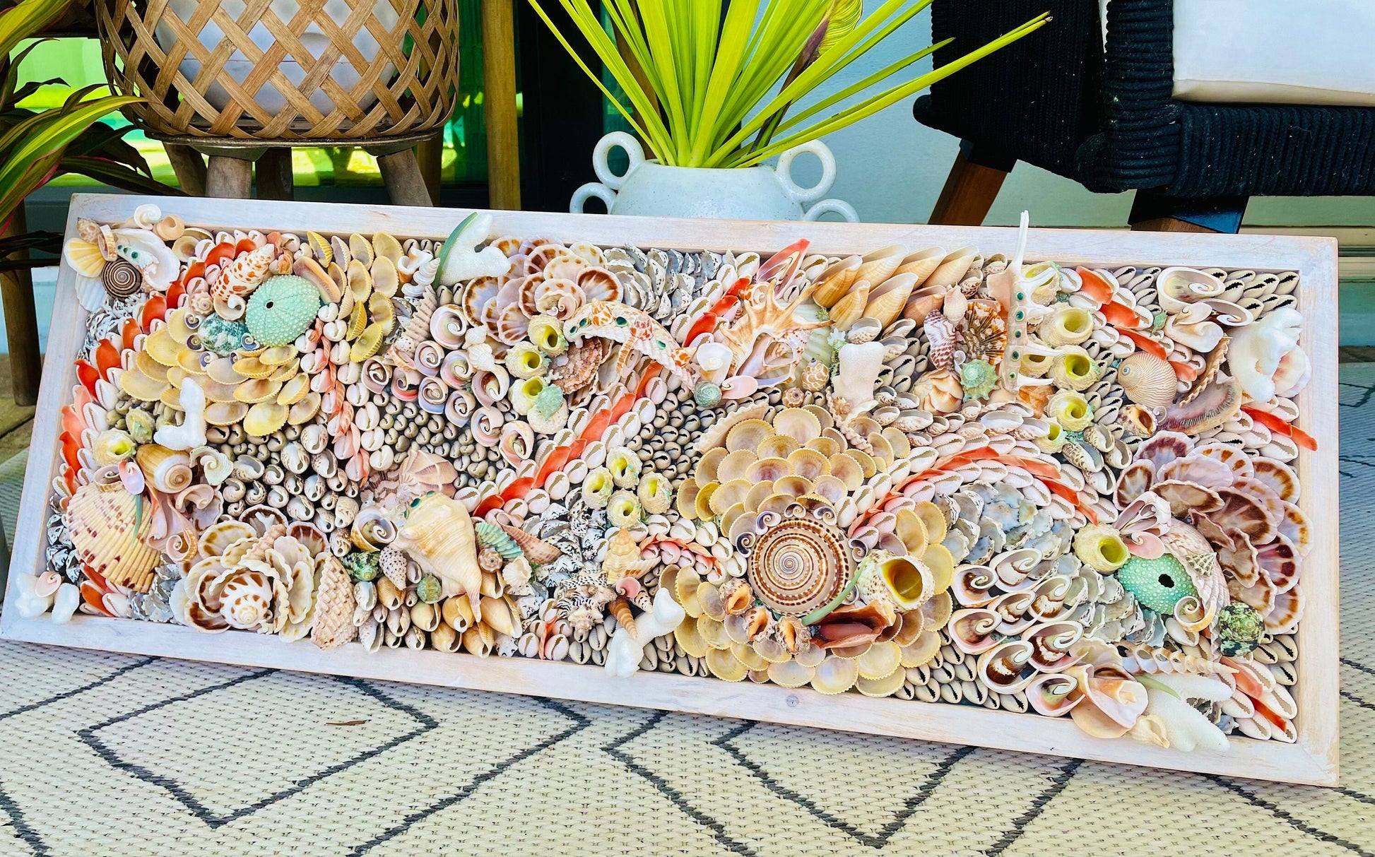 Handmade Abstract Sea Shell Coastal Wall Art 36x12" Natural Textured Seashells Urchins Coral Beach House Décor Lime Green, Orange & White