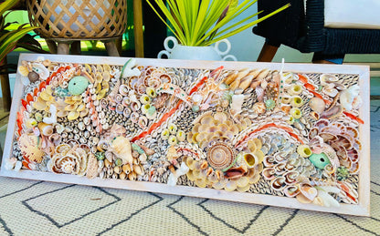 Handmade Abstract Sea Shell Coastal Wall Art 36x12" Natural Textured Seashells Urchins Coral Beach House Décor Lime Green, Orange & White