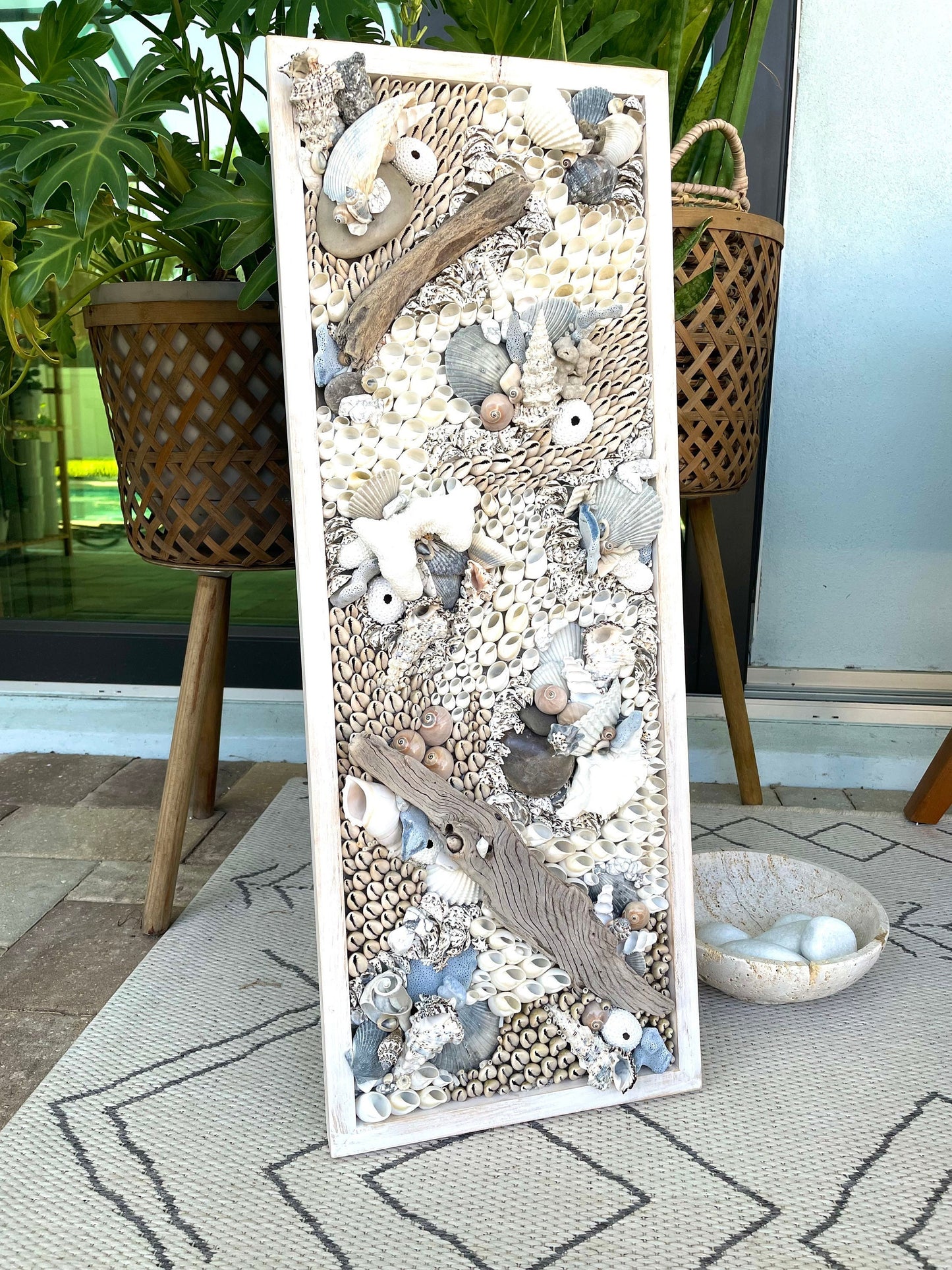 Handmade Coastal Wall Art 36x12" Natural Driftwood Seashells Sea Urchins Coral Beach Lake House Décor Blue Grey White Sanibel Florida