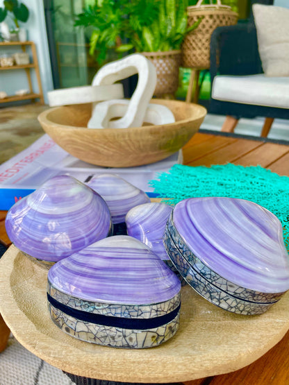 Coastal Gift Box Purple Clam Mermaid Shell Irredescent Seashell Jewelry Box Trinket Dish 3.5" Beach Décor Mother of Pearl Abalone