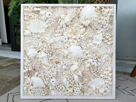 Handmade Modern Coastal Wall Art Natural Textured House Décor Seashells Urchins Coral 16", 24", 30" Square Beach White Sanibel Florida