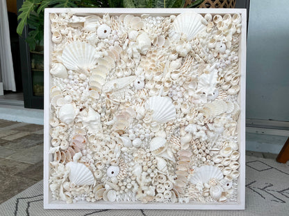 Handmade Modern Coastal Wall Art Natural Textured House Décor Seashells Urchins Coral 16", 24", 30" Square Beach White Sanibel Florida