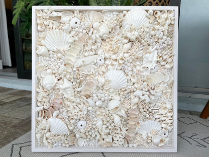 White Seashell Wall Art, Coastal Home Decor, Natural Coral & Urchin Collage