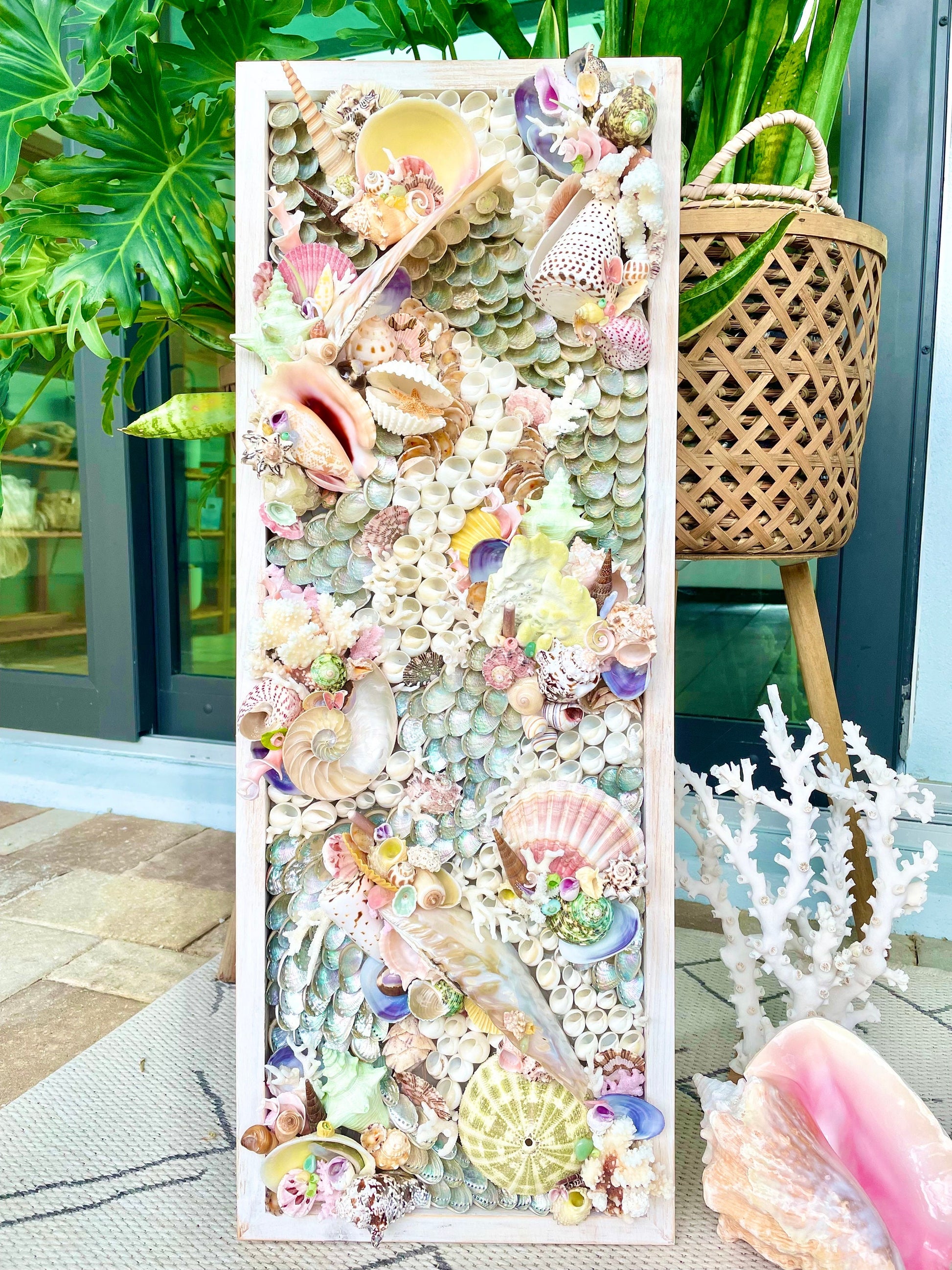 Handmade Seashell Wall Art, Coastal Décor, Colorful Mermaid House (36x12)