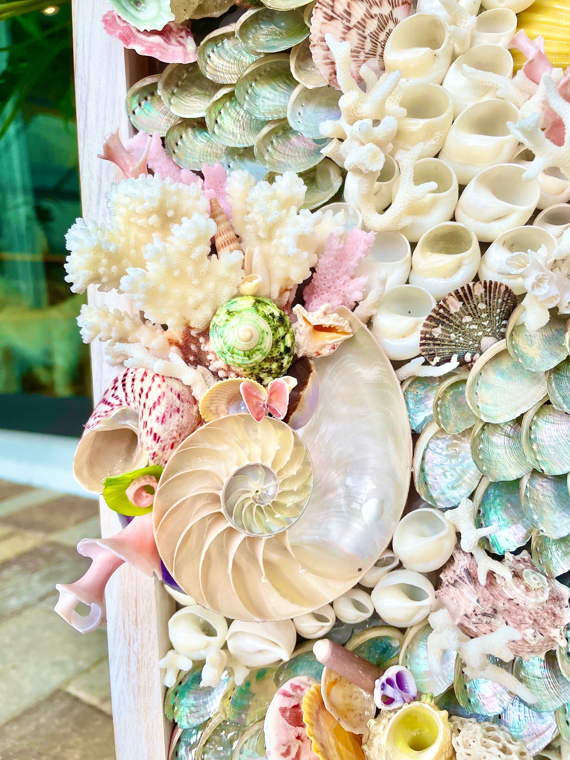 Handmade Seashell Wall Art, Coastal Décor, Colorful Mermaid House (36x12)
