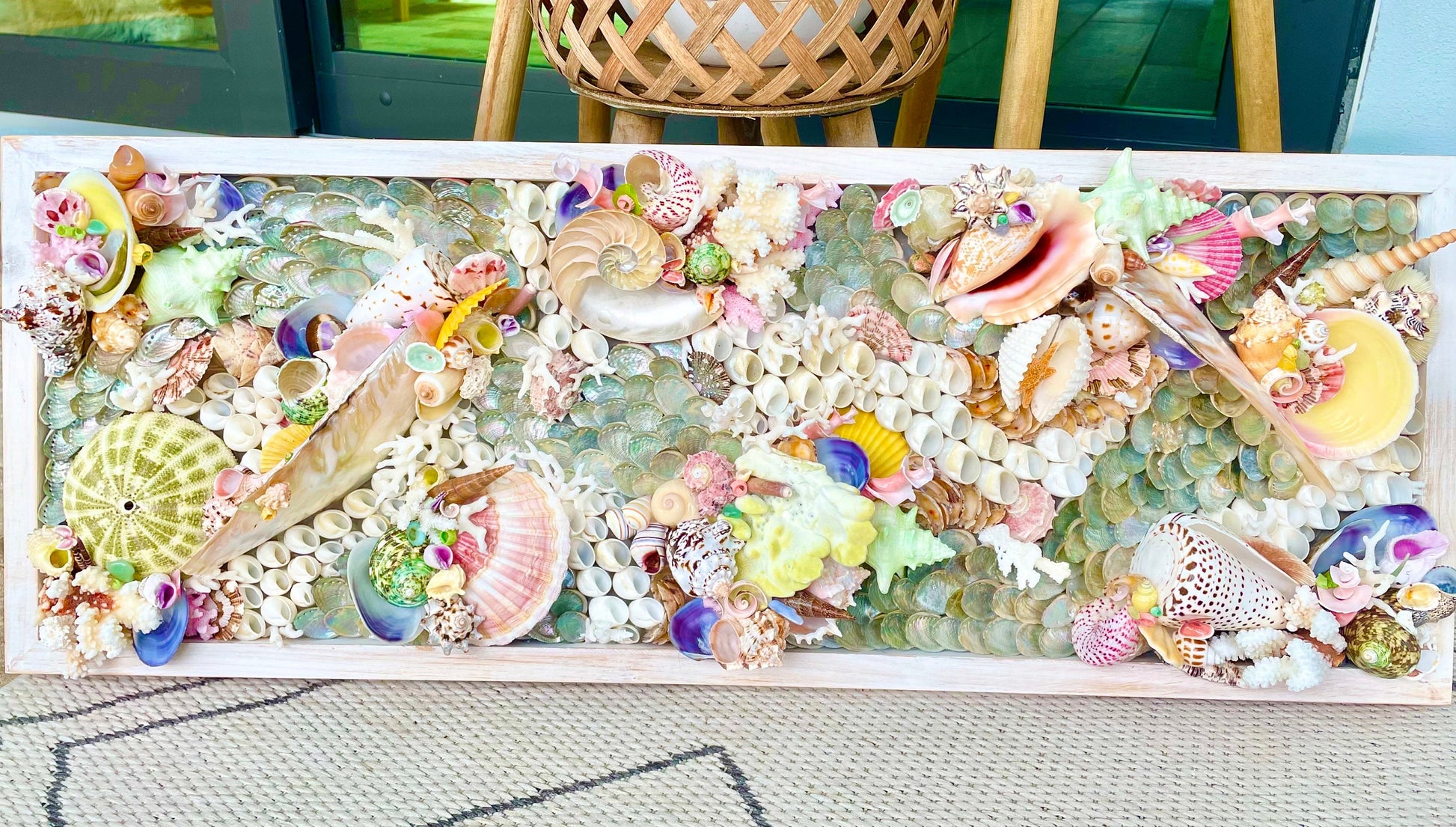 Mermaid House Colorful Handmade Seashell Coastal Wall Art Sea shells Urchins Coral Beach House Décor Pink Green Yellow Sanibel Florida