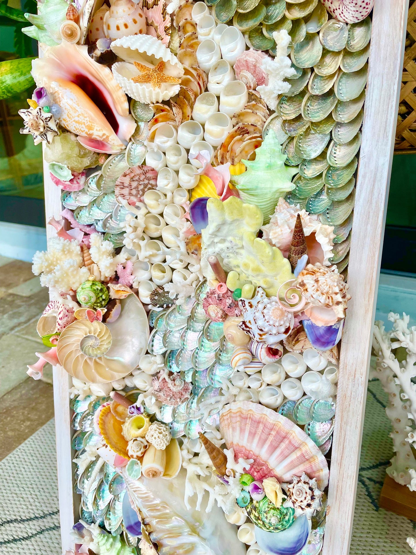 Mermaid House Colorful Handmade Seashell Coastal Wall Art Sea shells Urchins Coral Beach House Décor Pink Green Yellow Sanibel Florida