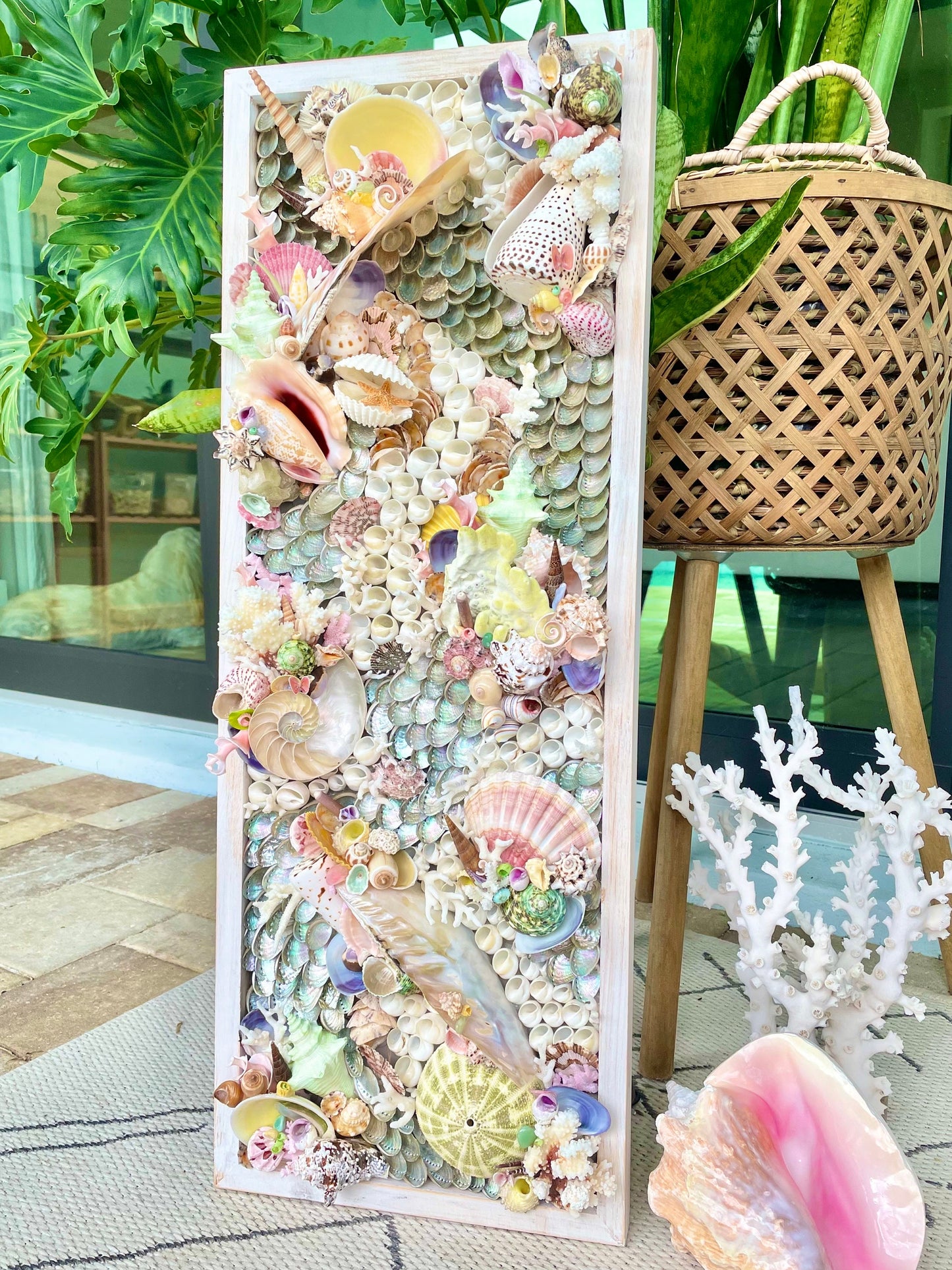 Mermaid House 36x12" Colorful Handmade Seashell Coastal Wall Art Sea shells Urchins Coral Beach House Décor Pink Green Yellow Sanibel
