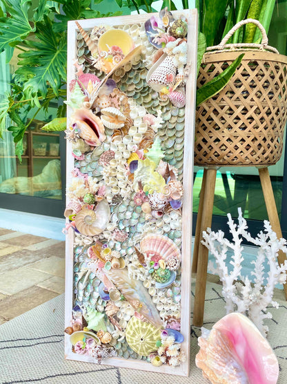 Mermaid House 36x12" Colorful Handmade Seashell Coastal Wall Art Sea shells Urchins Coral Beach House Décor Pink Green Yellow Sanibel