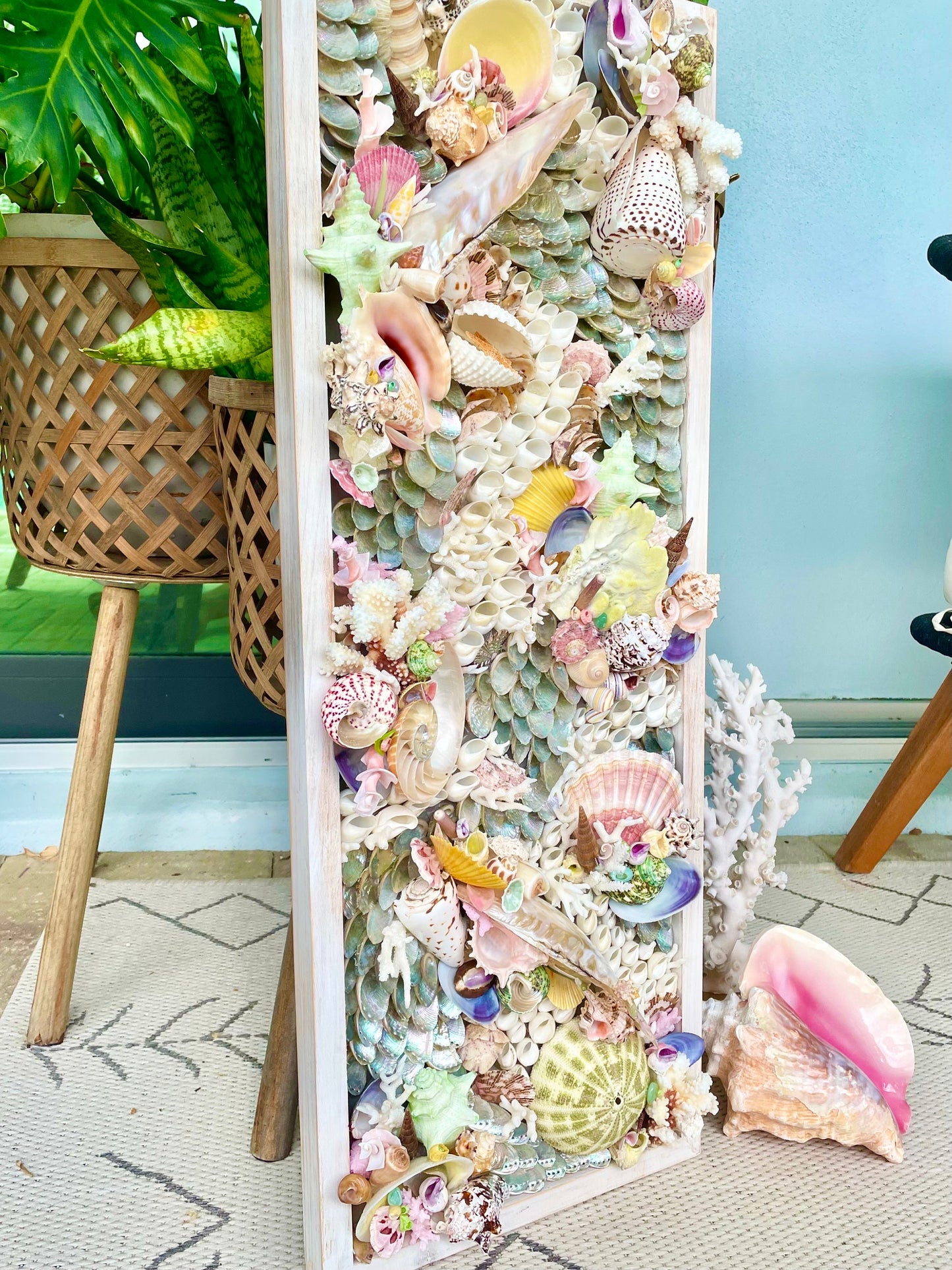 Mermaid House Colorful Handmade Seashell Coastal Wall Art Sea shells Urchins Coral Beach House Décor Pink Green Yellow Sanibel Florida