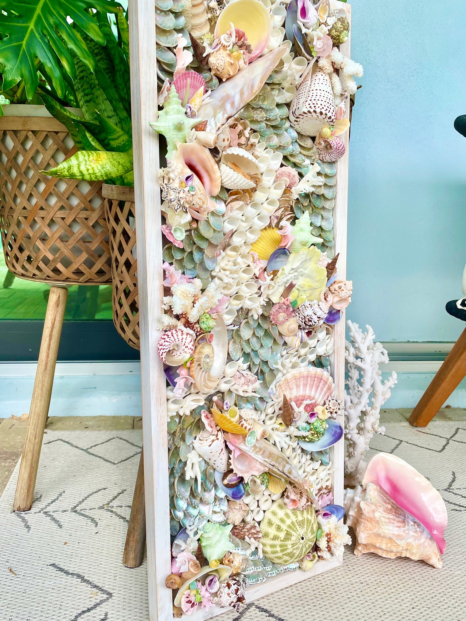 Mermaid House Colorful Handmade Seashell Coastal Wall Art Sea shells Urchins Coral Beach House Décor Pink Green Yellow Sanibel Florida