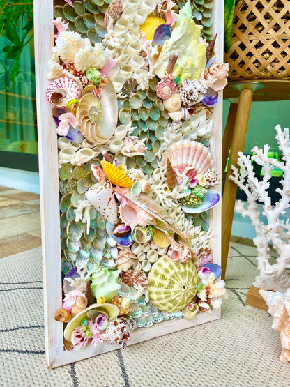 Mermaid House Colorful Handmade Seashell Coastal Wall Art Sea shells Urchins Coral Beach House Décor Pink Green Yellow Sanibel Florida