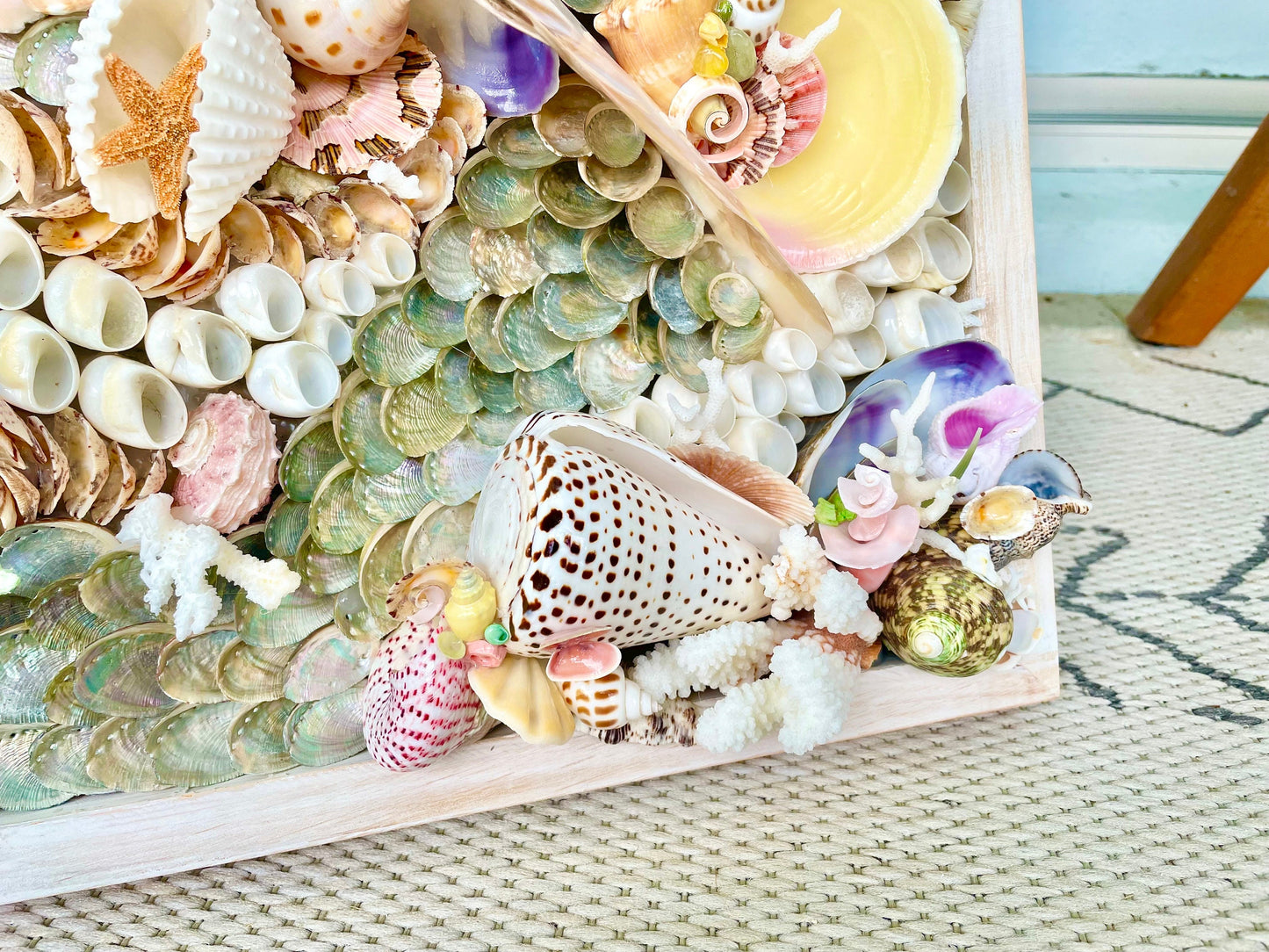 Mermaid House 36x12" Colorful Handmade Seashell Coastal Wall Art Sea shells Urchins Coral Beach House Décor Pink Green Yellow Sanibel