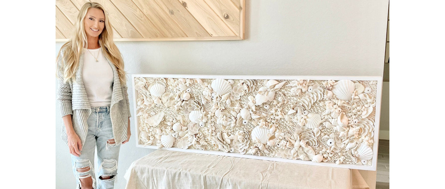 Organic Seashell Wall Art: Natural White Shells, Coral, Urchins 36”x12"