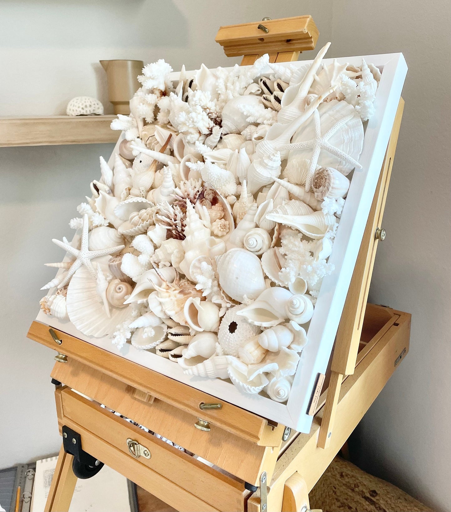 Handmade Seashell Coastal Shell Wall Art Natural Textured Home Décor Urchins Coral Starfish White Beige Brown Seashells You Choose Size