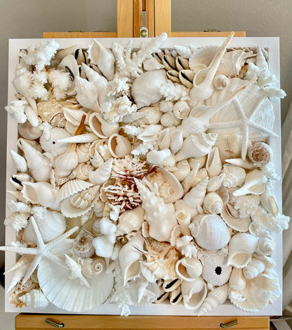 Handmade Seashell Coastal Wall Art Natural Textured Home Décor Sea Shells Urchins Coral Starfish White Beige Brown Seashells