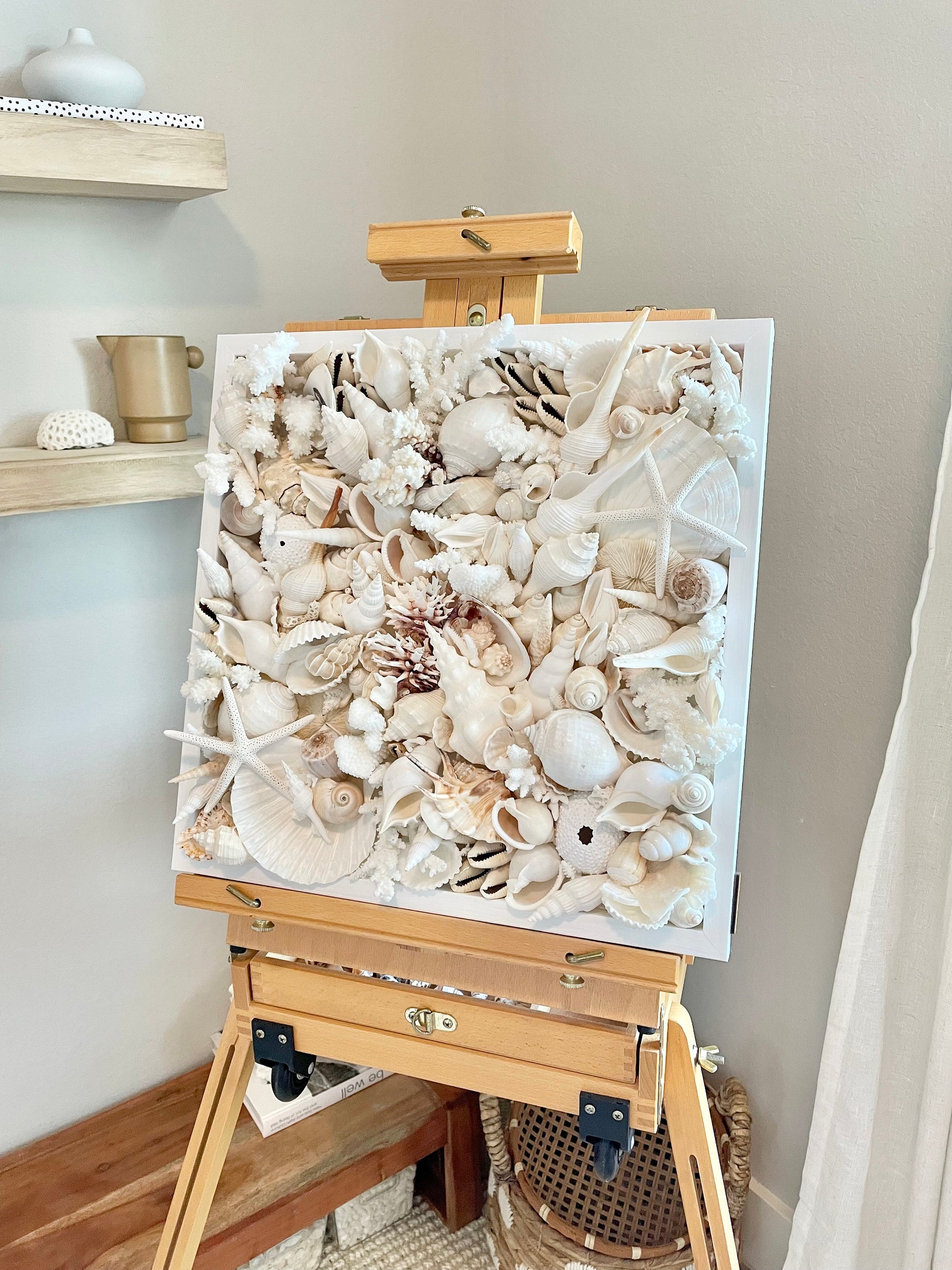 Handmade Seashell Collage Wall Art: Natural Coastal Home Decor White