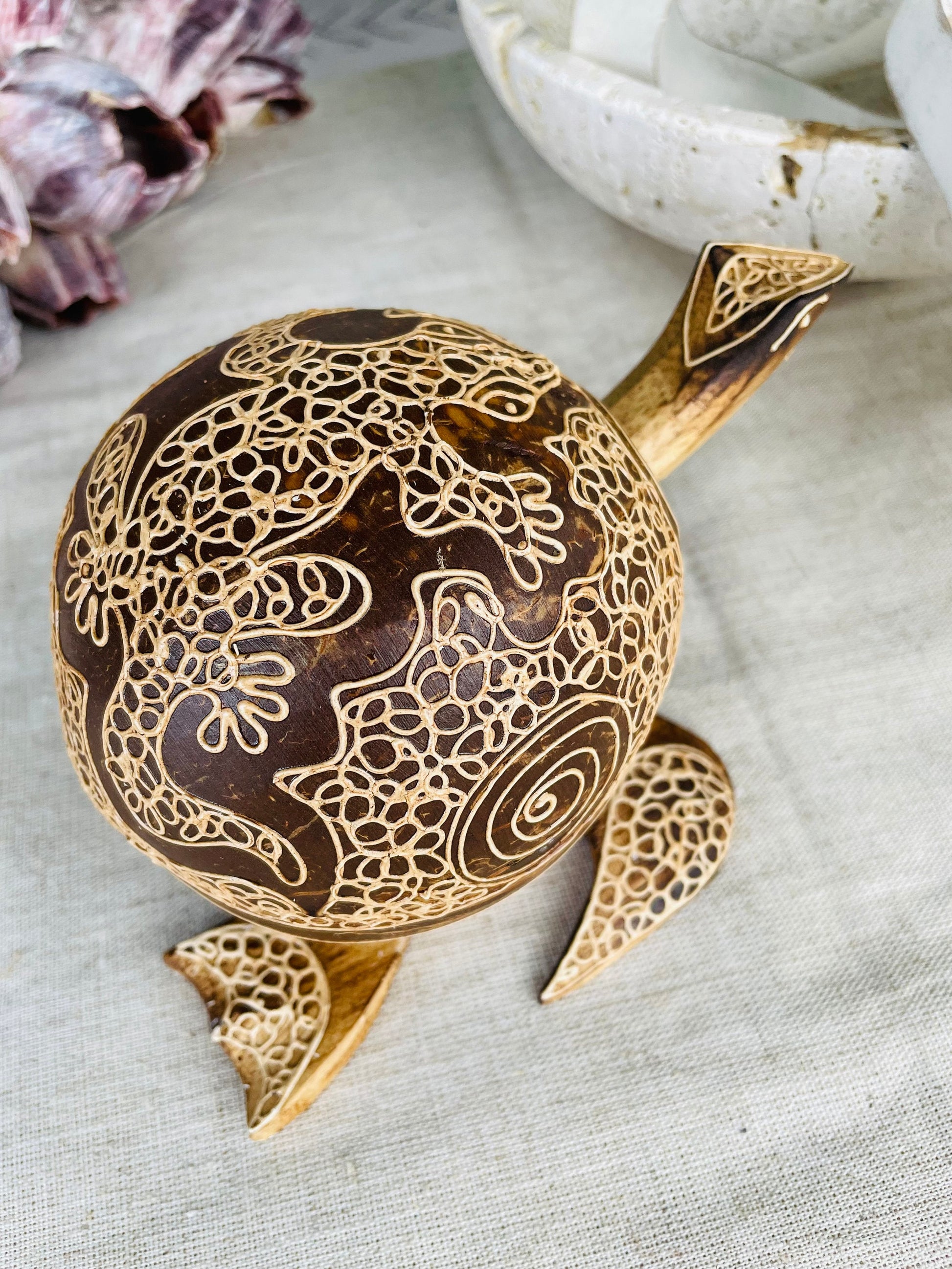 TURTLE LOVERS Handmade Carved Coconut Shell Bobbing Bobble Head Coastal Beach Gift Natural & Eco Friendly Kids Toy Organic Sustainable Décor