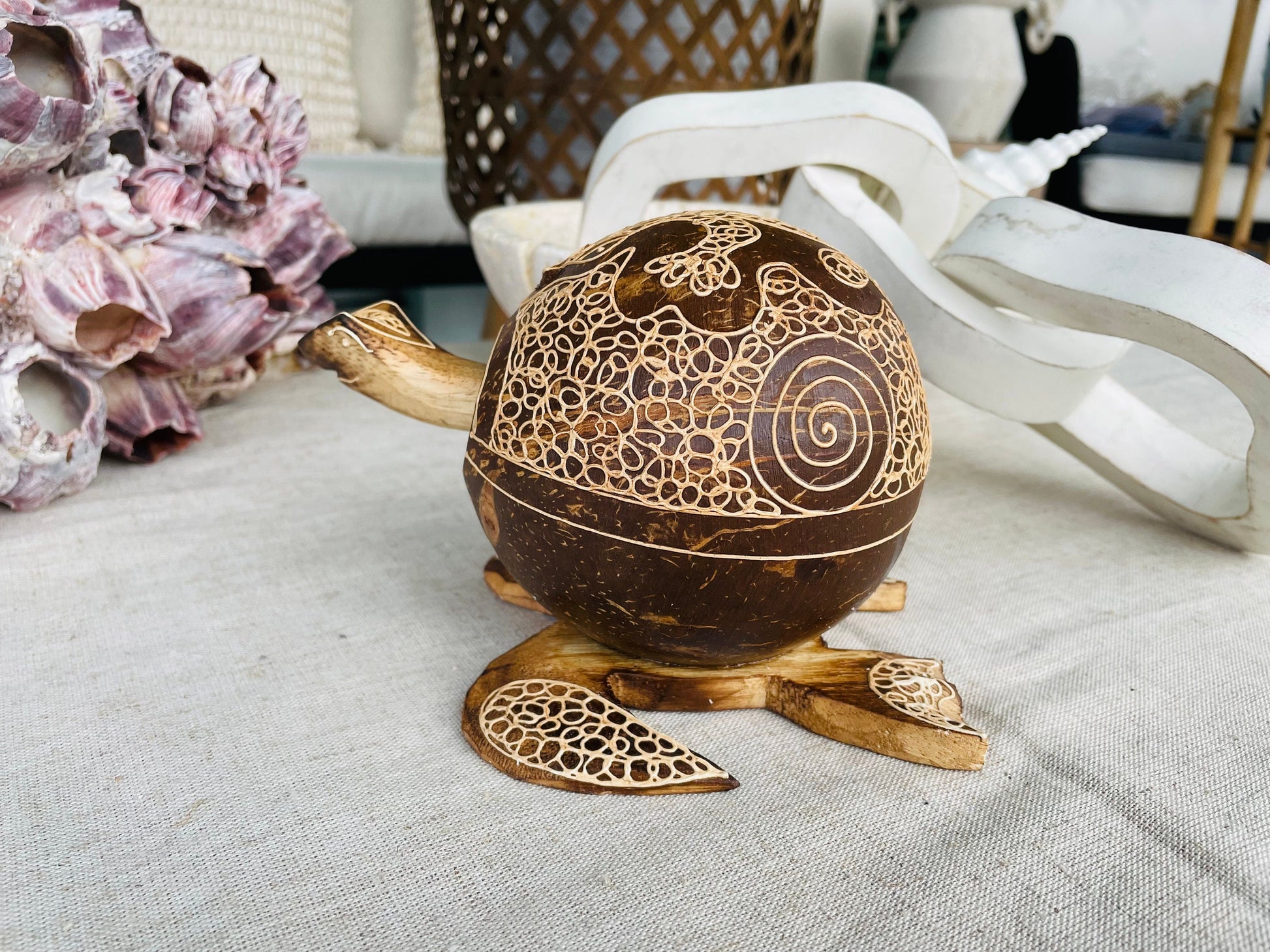 TURTLE LOVERS Handmade Carved Coconut Shell Bobbing Bobble Head Coastal Beach Gift Natural & Eco Friendly Kids Toy Organic Sustainable Décor