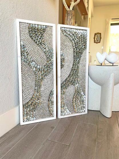 Minimalist Sea Shell Modern Coastal Wall 36x12" Art Framed Cowrie Abalone Seashells On Wood Textured Beach Hanging Beige Grey Silver