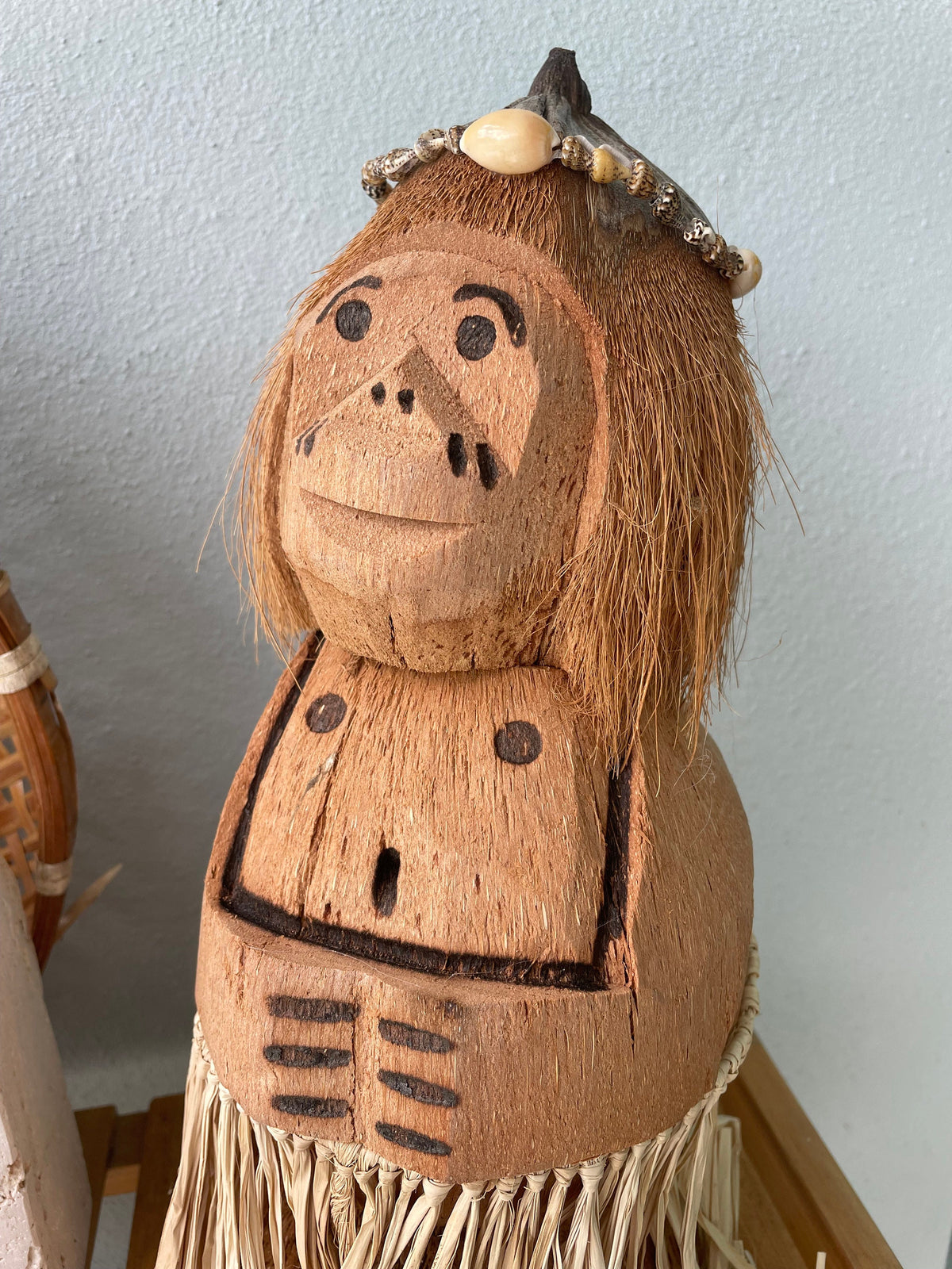 Handmade Coconut Monkey Doll, 15x6" Seashell & Raffia Coastal Décor