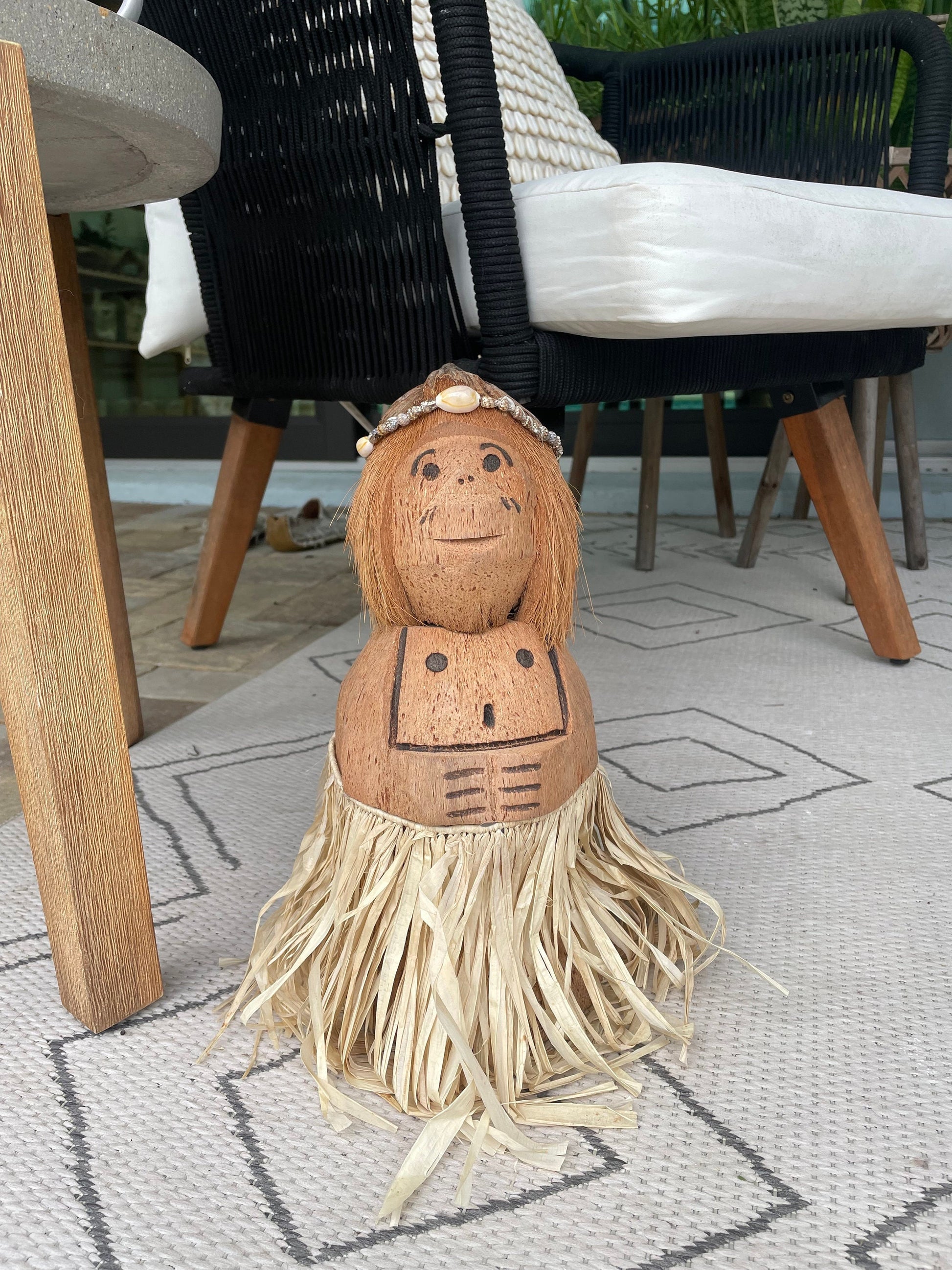 Handmade Coconut Monkey Doll, 15x6" Seashell & Raffia Coastal Décor