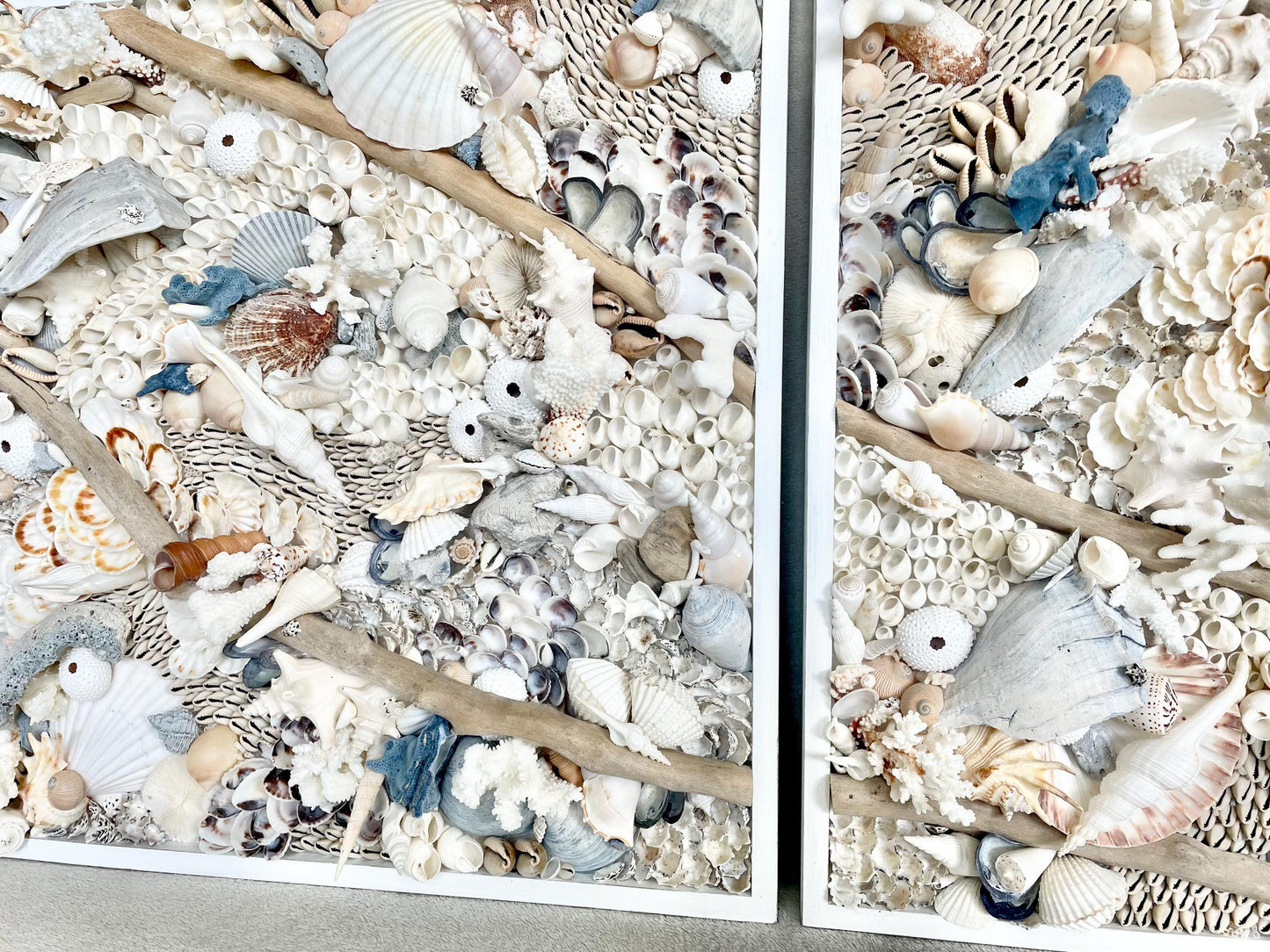 Handmade Coastal Shell Wall Art Natural Driftwood Seashells 24" or 30" Square Seashell Coral Beach Lake Décor Blue Grey White Beige Sanibel