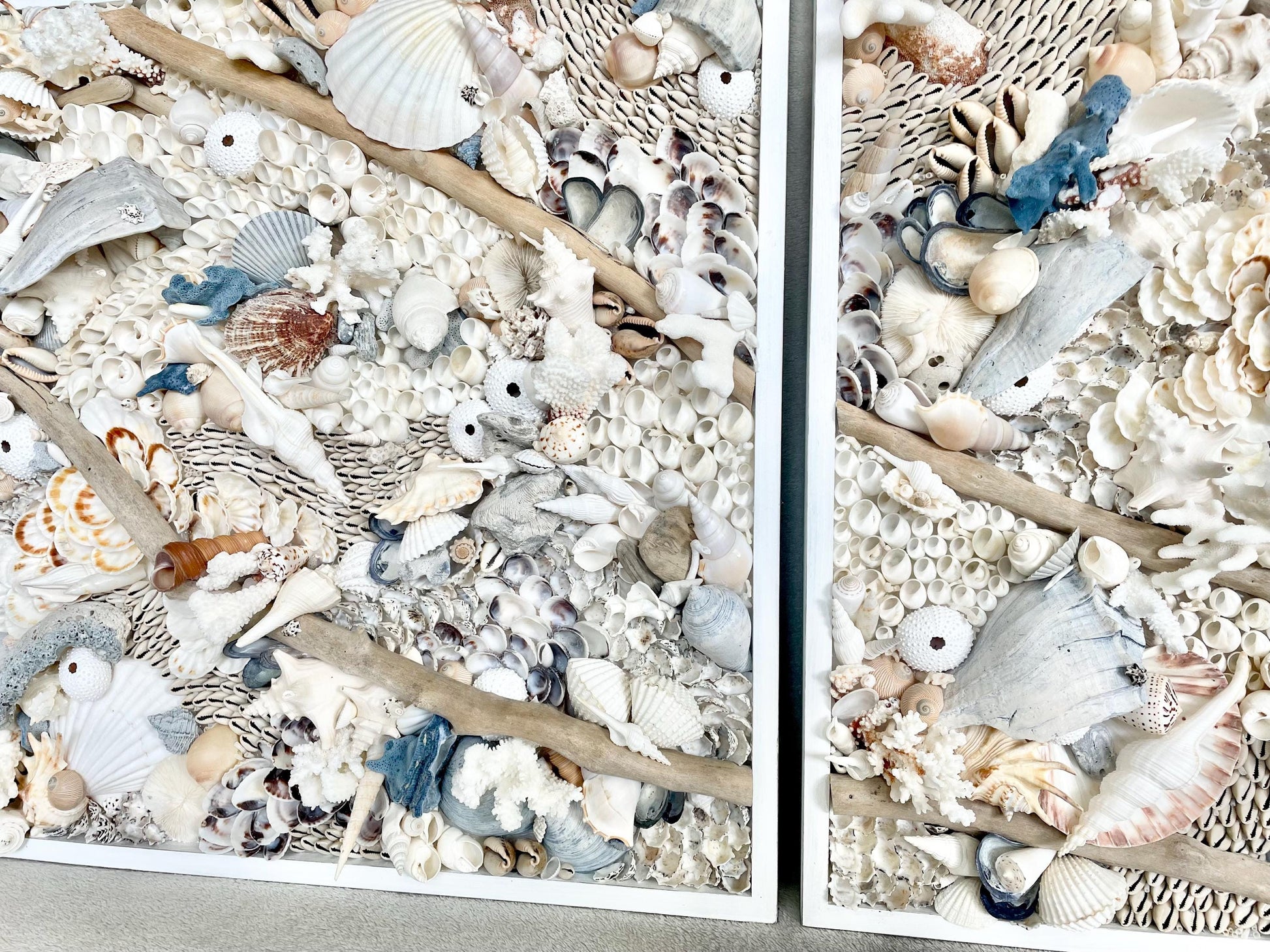 Handmade Coastal Shell Wall Art -Natural Driftwood & Shells, Blue White 24-30" Square