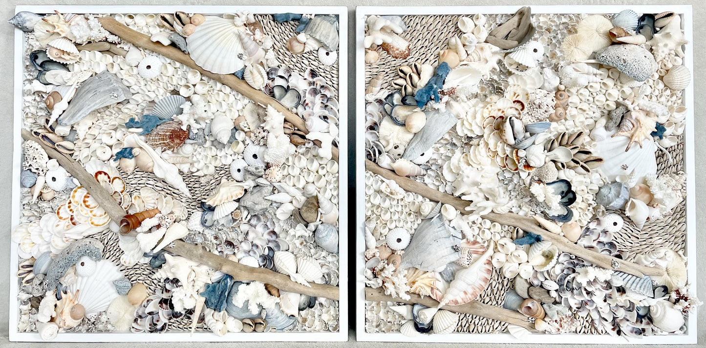 Handmade Coastal Shell Wall Art -Natural Driftwood & Shells, Blue White 24-30" Square