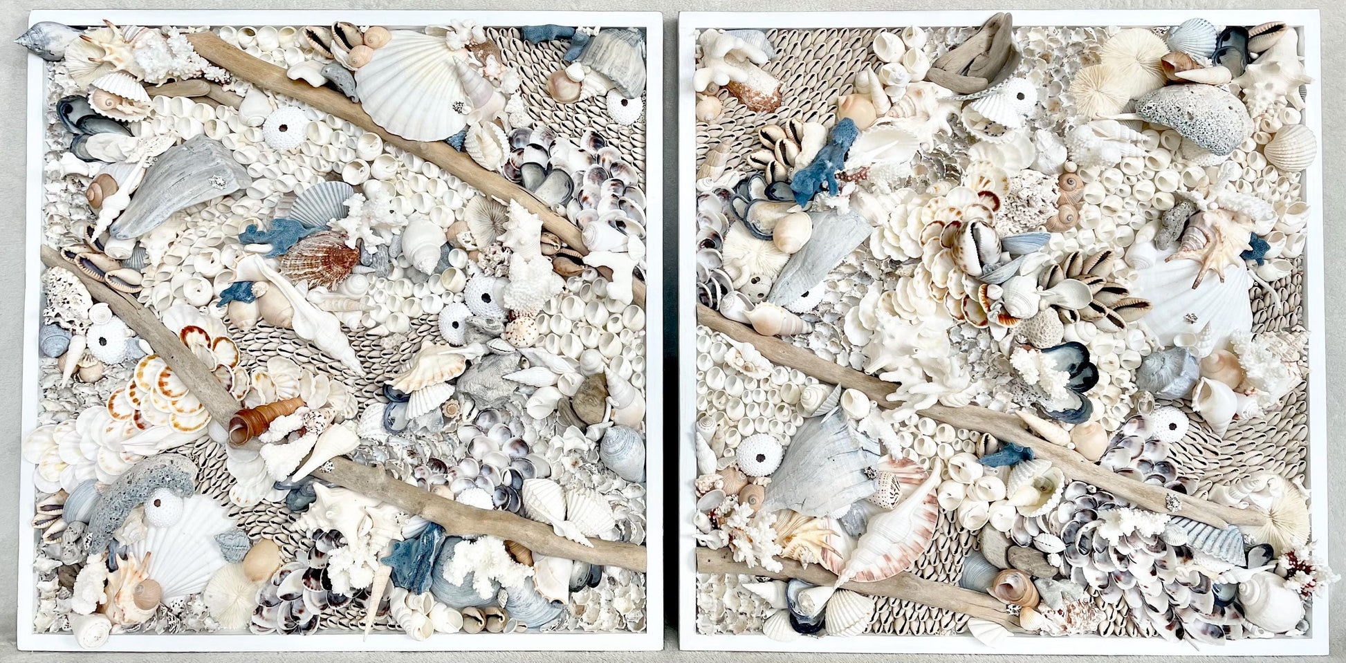 Handmade Coastal Shell Wall Art -Natural Driftwood & Shells, Blue White 24-30" Square